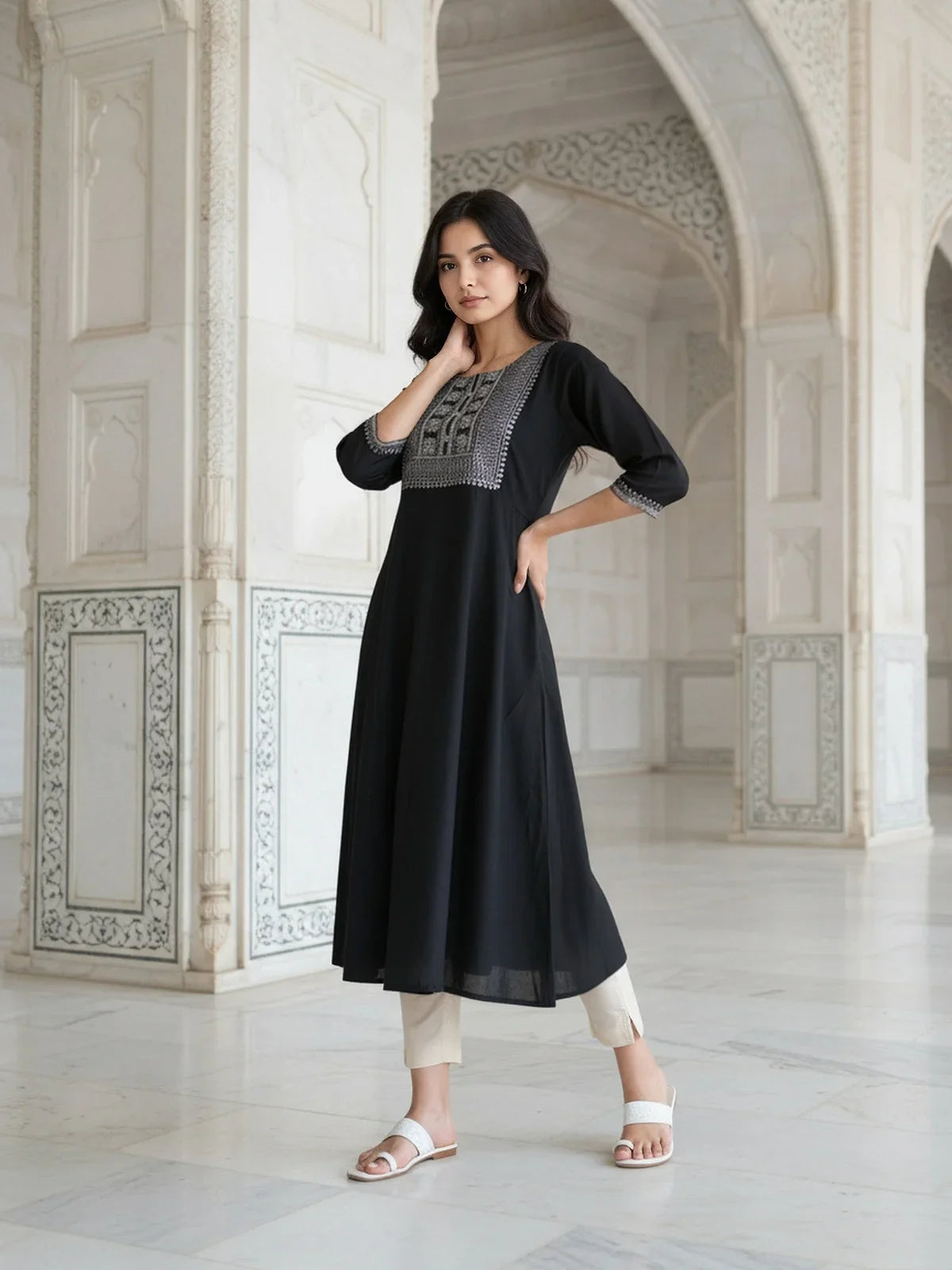 Buy Rayon Embroidered Flared Calf Length Kurta-Black
