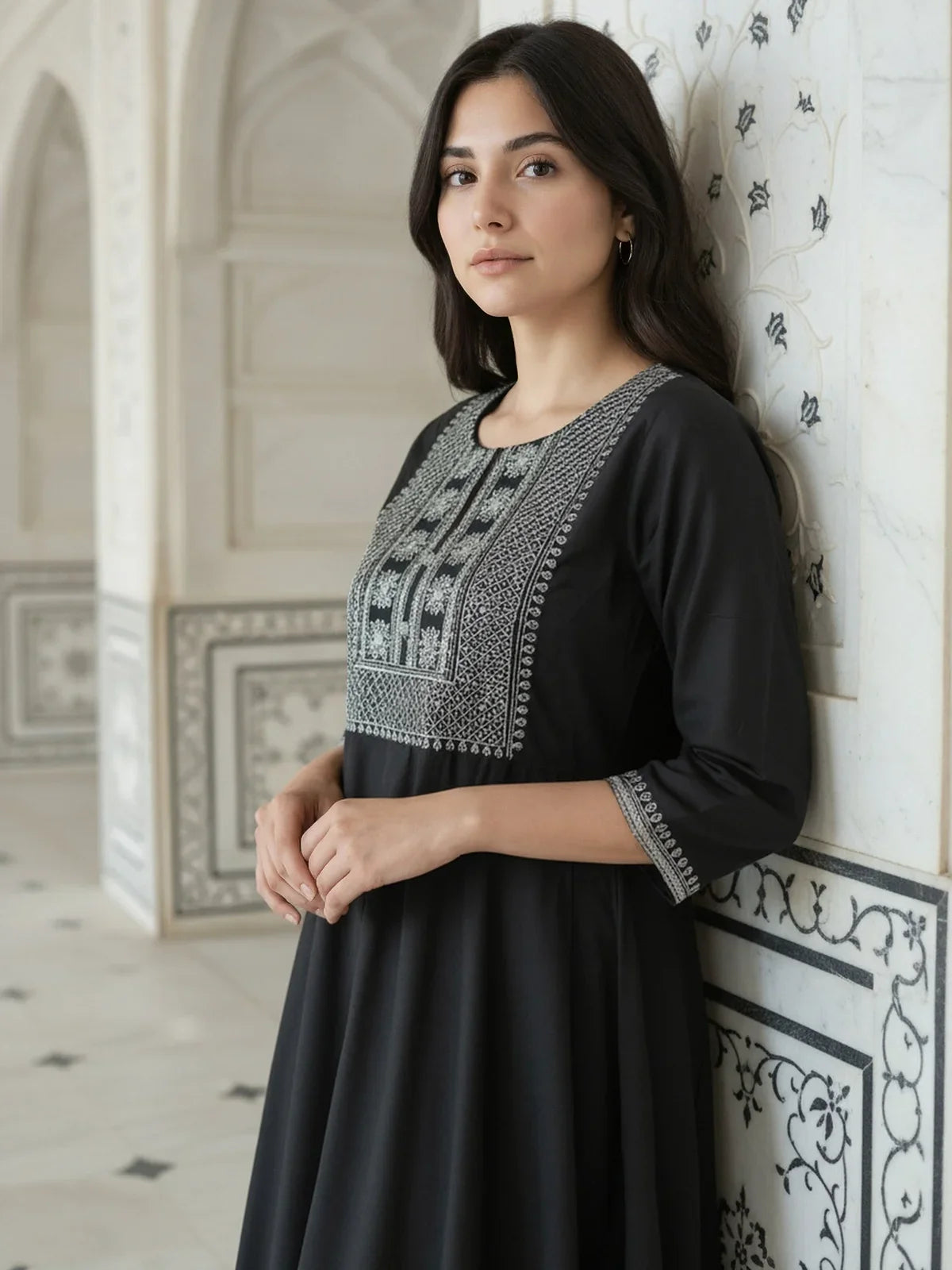 Buy Rayon Embroidered Flared Calf Length Kurta-Black