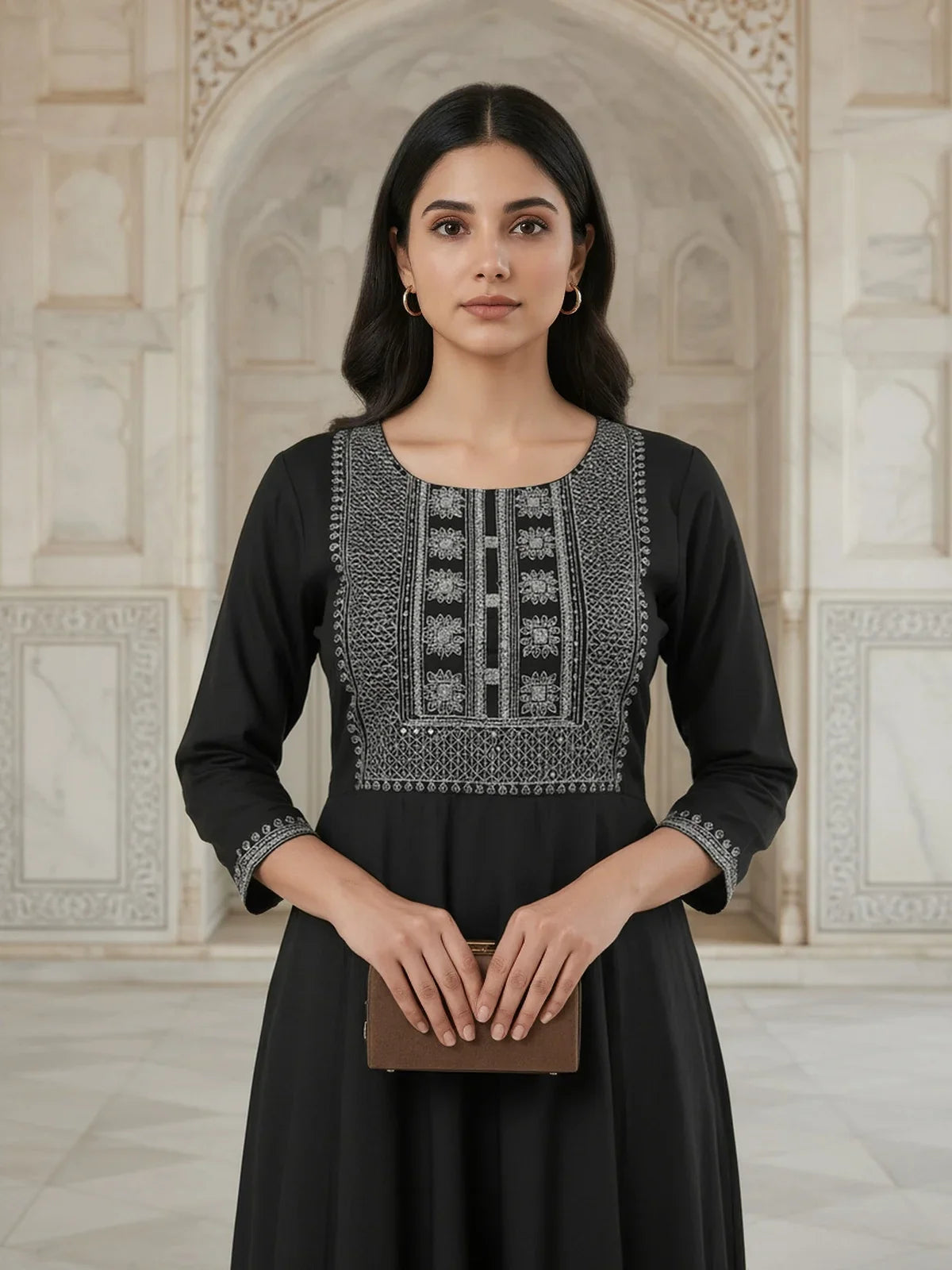 Buy Rayon Embroidered Flared Calf Length Kurta-Black