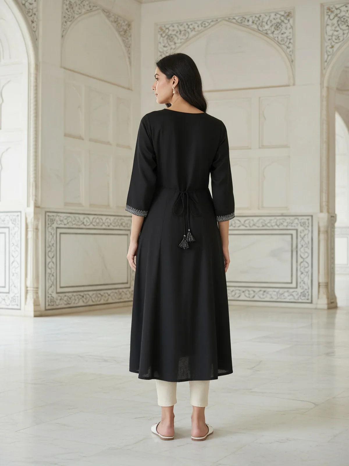 Buy Rayon Embroidered Flared Calf Length Kurta-Black