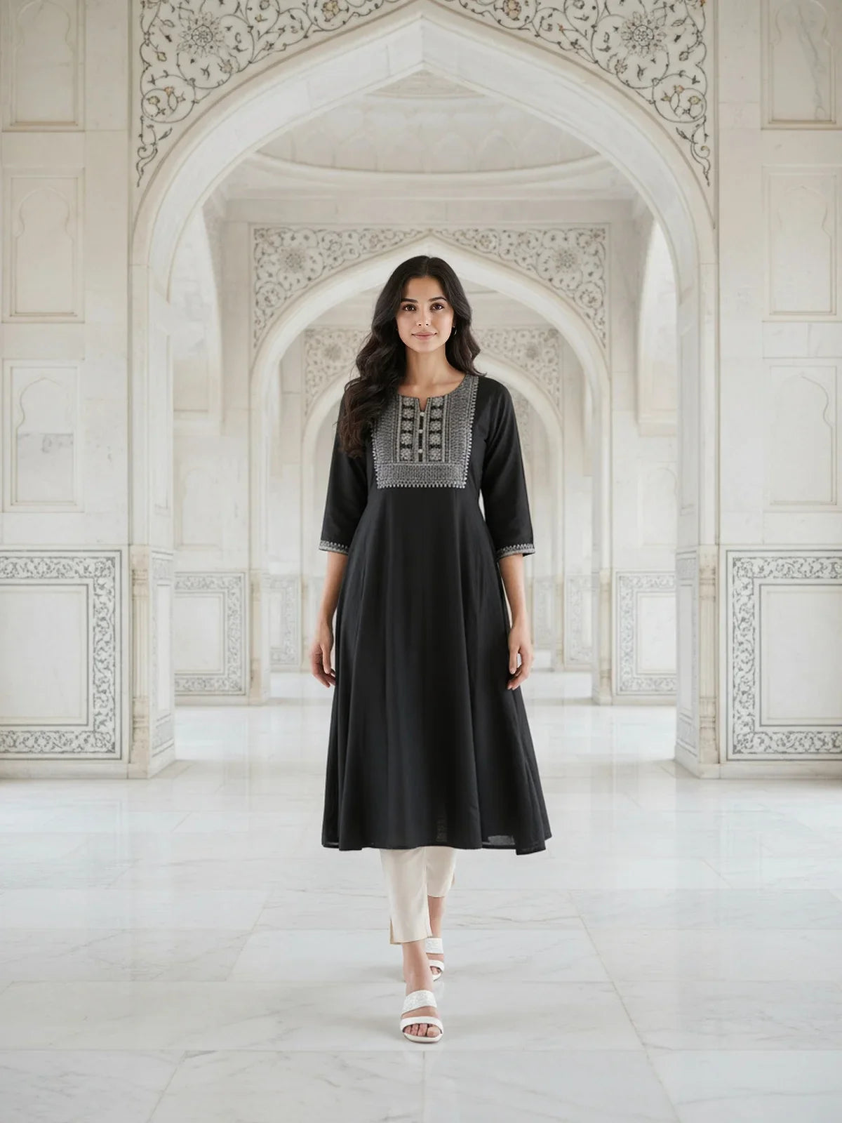 Buy Rayon Embroidered Flared Calf Length Kurta-Black
