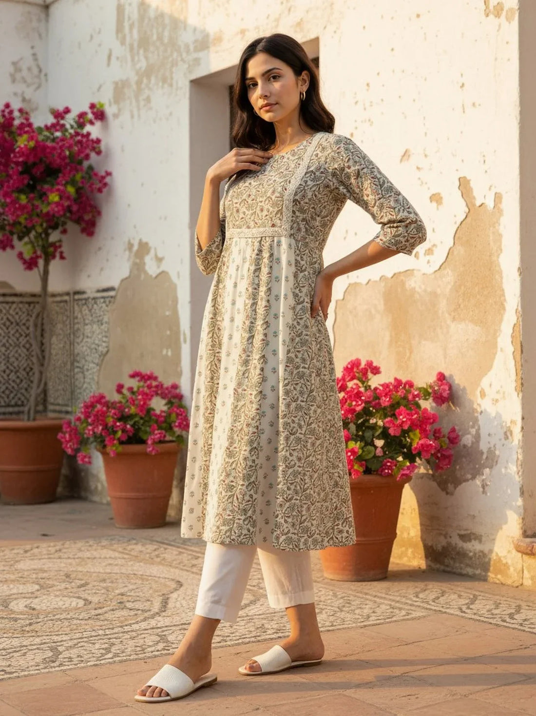 Buy Cotton Lurex Embroidered Anarkali Calf Length Kurta-Blue