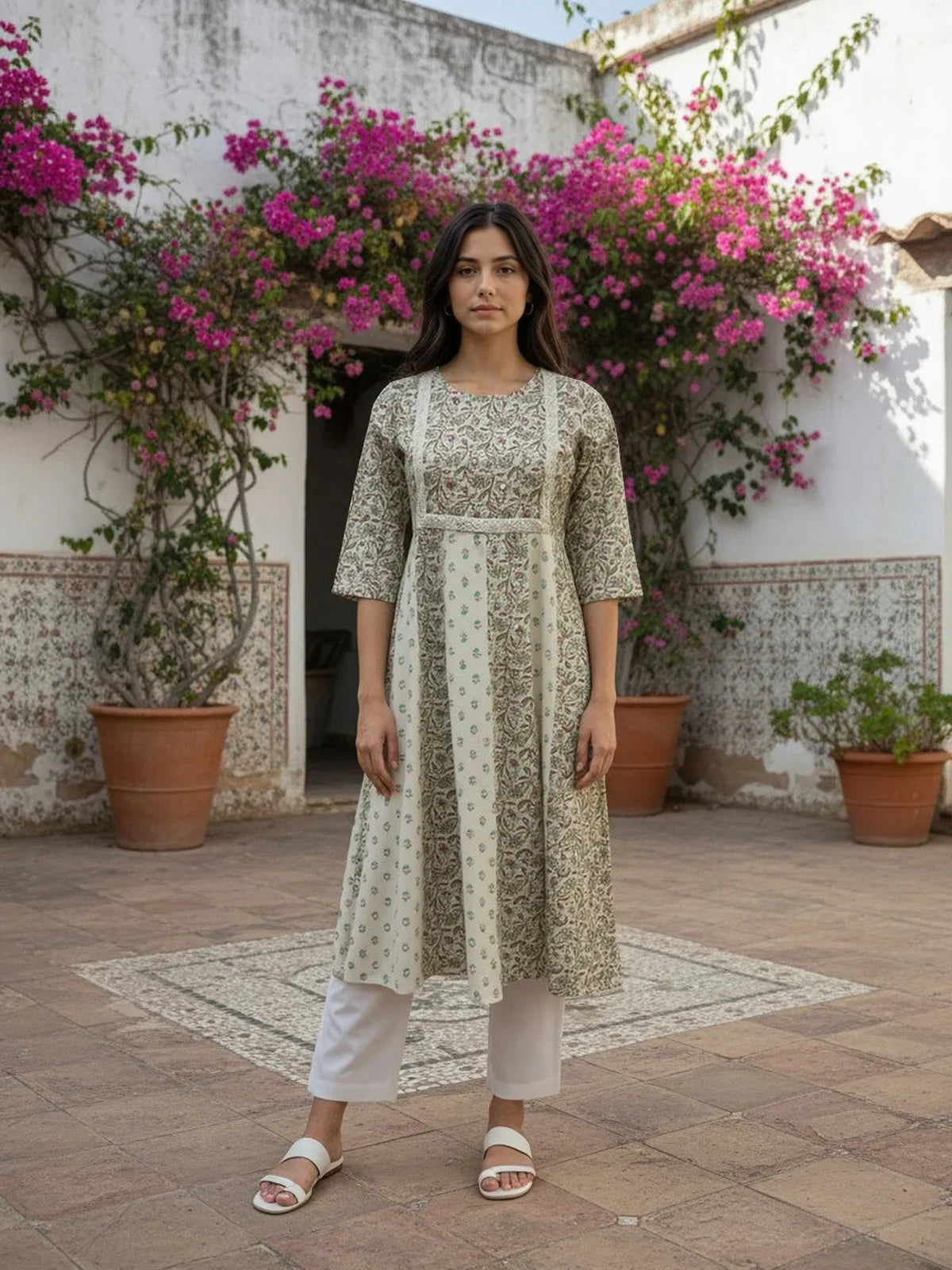 Buy Cotton Lurex Embroidered Anarkali Calf Length Kurta-Blue