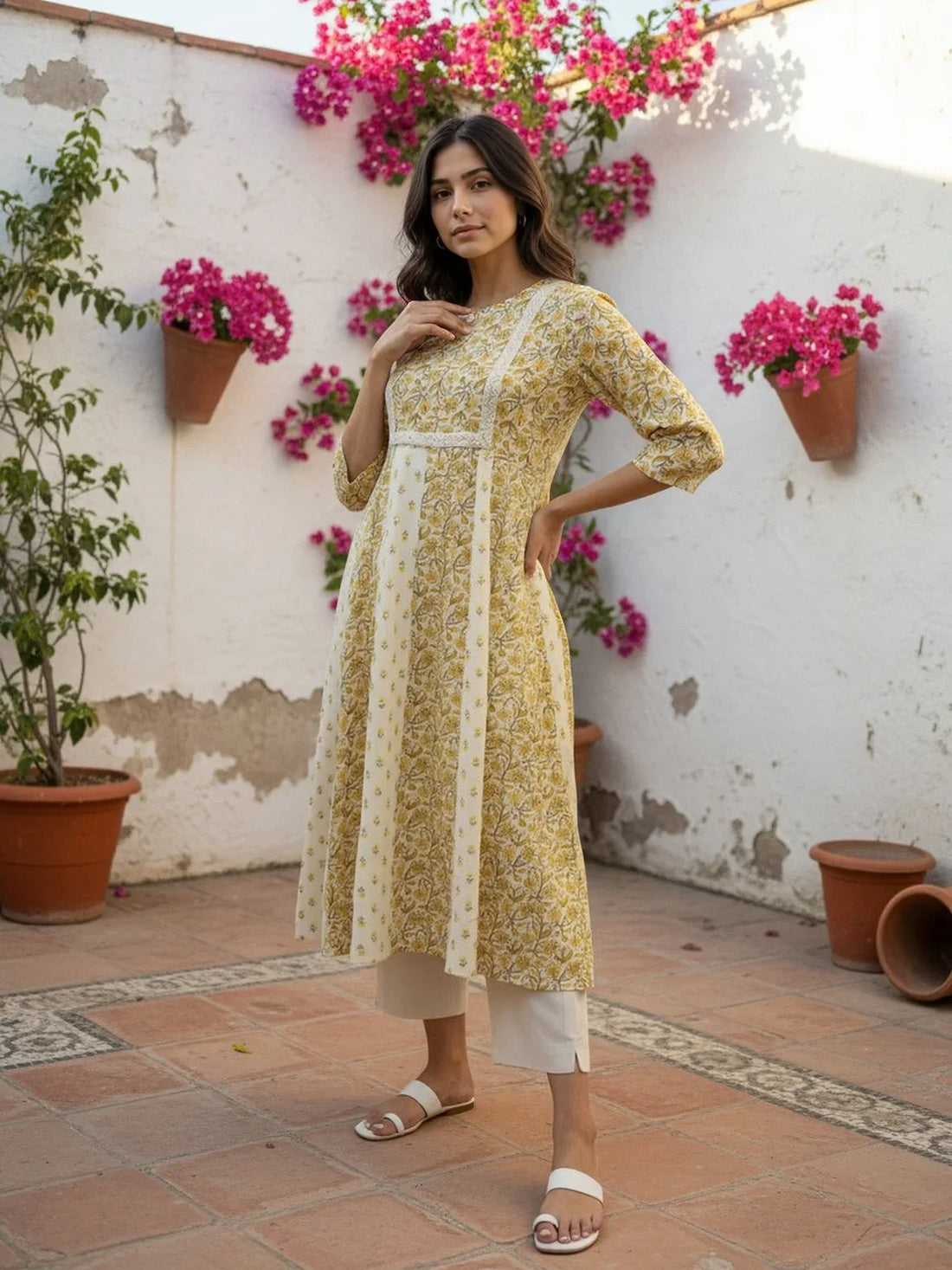 Buy Cotton Lurex Embroidered Anarkali Calf Length Kurta-Mustard