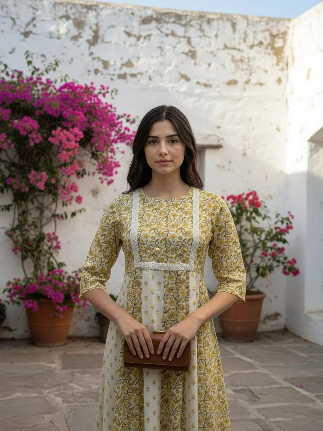 Buy Cotton Lurex Embroidered Anarkali Calf Length Kurta-Mustard