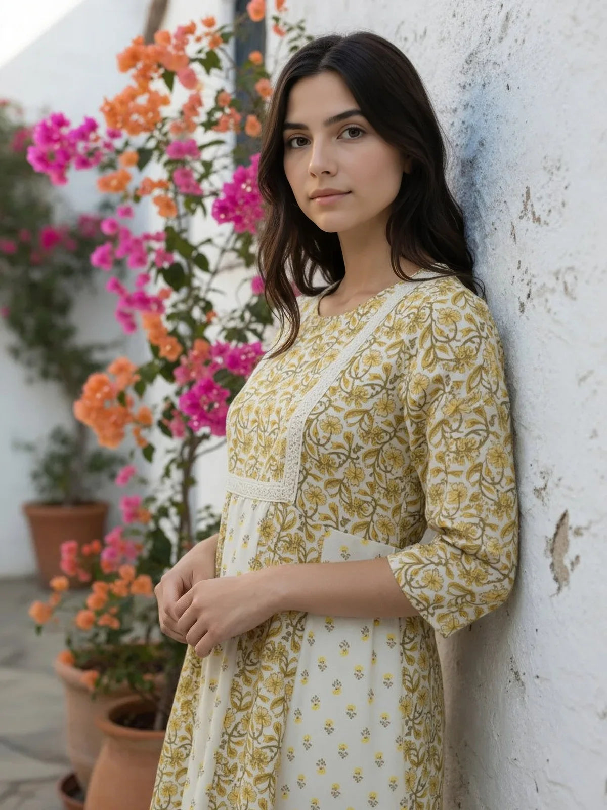 Buy Cotton Lurex Embroidered Anarkali Calf Length Kurta-Mustard