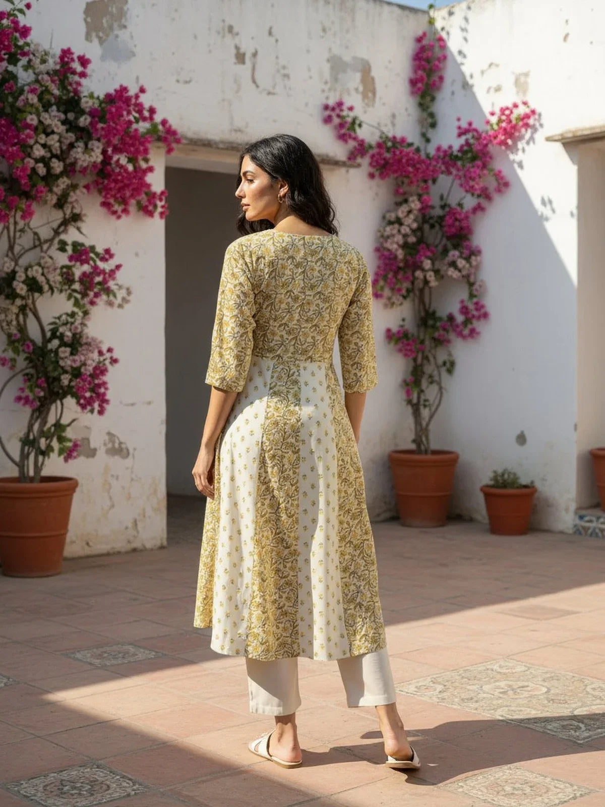 Buy Cotton Lurex Embroidered Anarkali Calf Length Kurta-Mustard