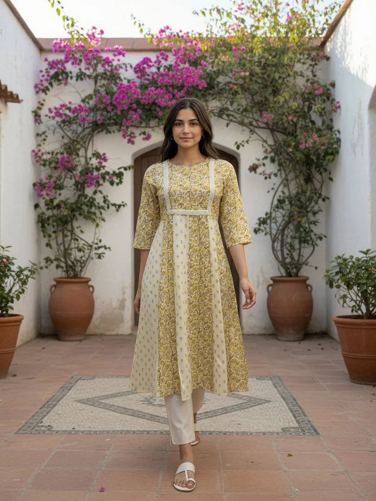 Buy Cotton Lurex Embroidered Anarkali Calf Length Kurta-Mustard