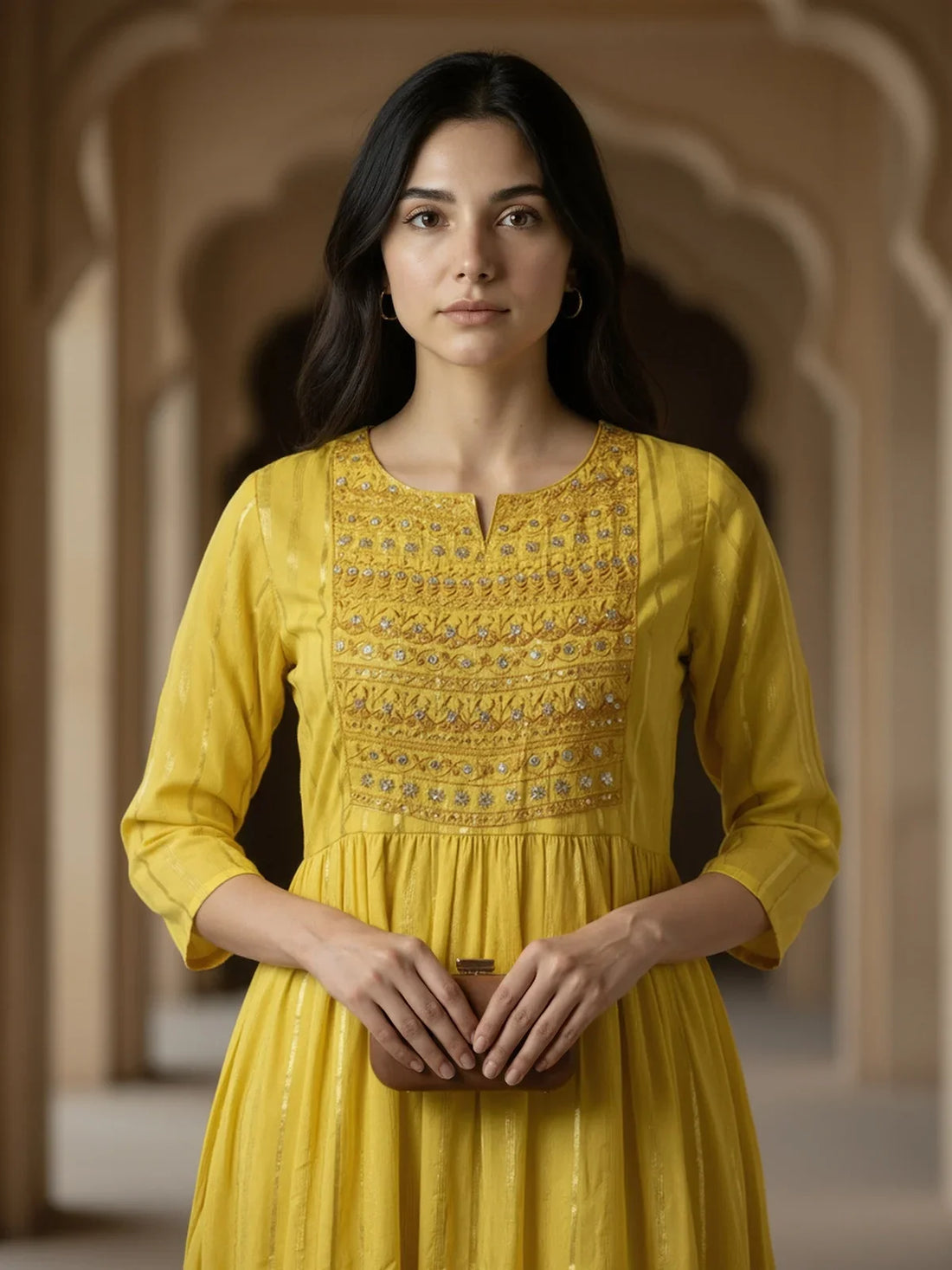 Buy Cotton Embroidered Flared Calf Length Kurta-Yellow