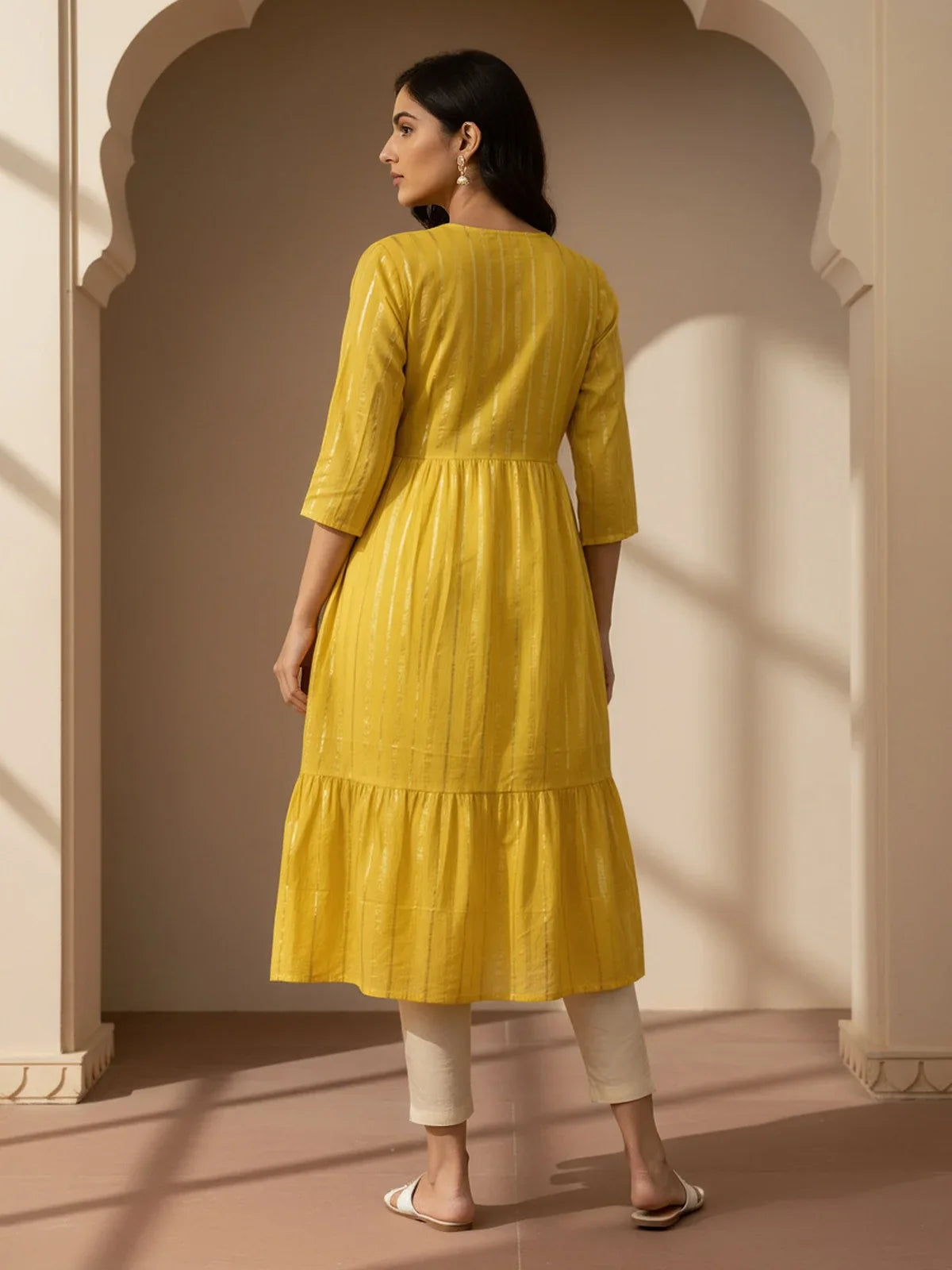 Buy Cotton Embroidered Flared Calf Length Kurta-Yellow