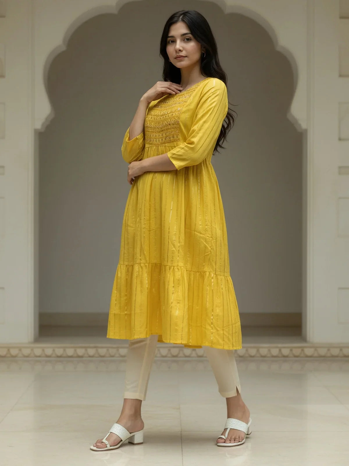 Buy Cotton Embroidered Flared Calf Length Kurta-Yellow