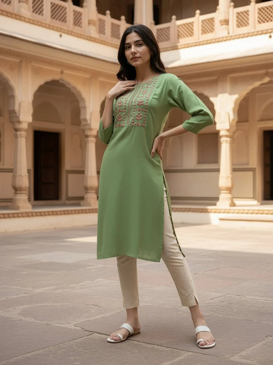 Buy Rayon Embroidered Straight Calf Length Kurta-Green