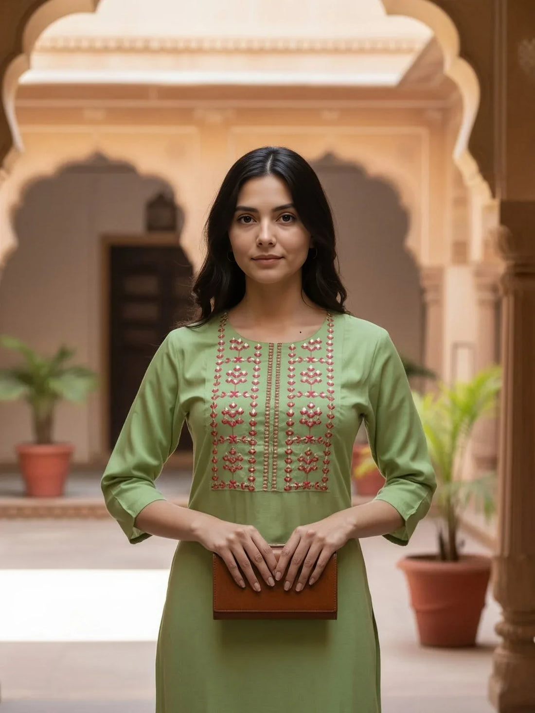 Buy Rayon Embroidered Straight Calf Length Kurta-Green