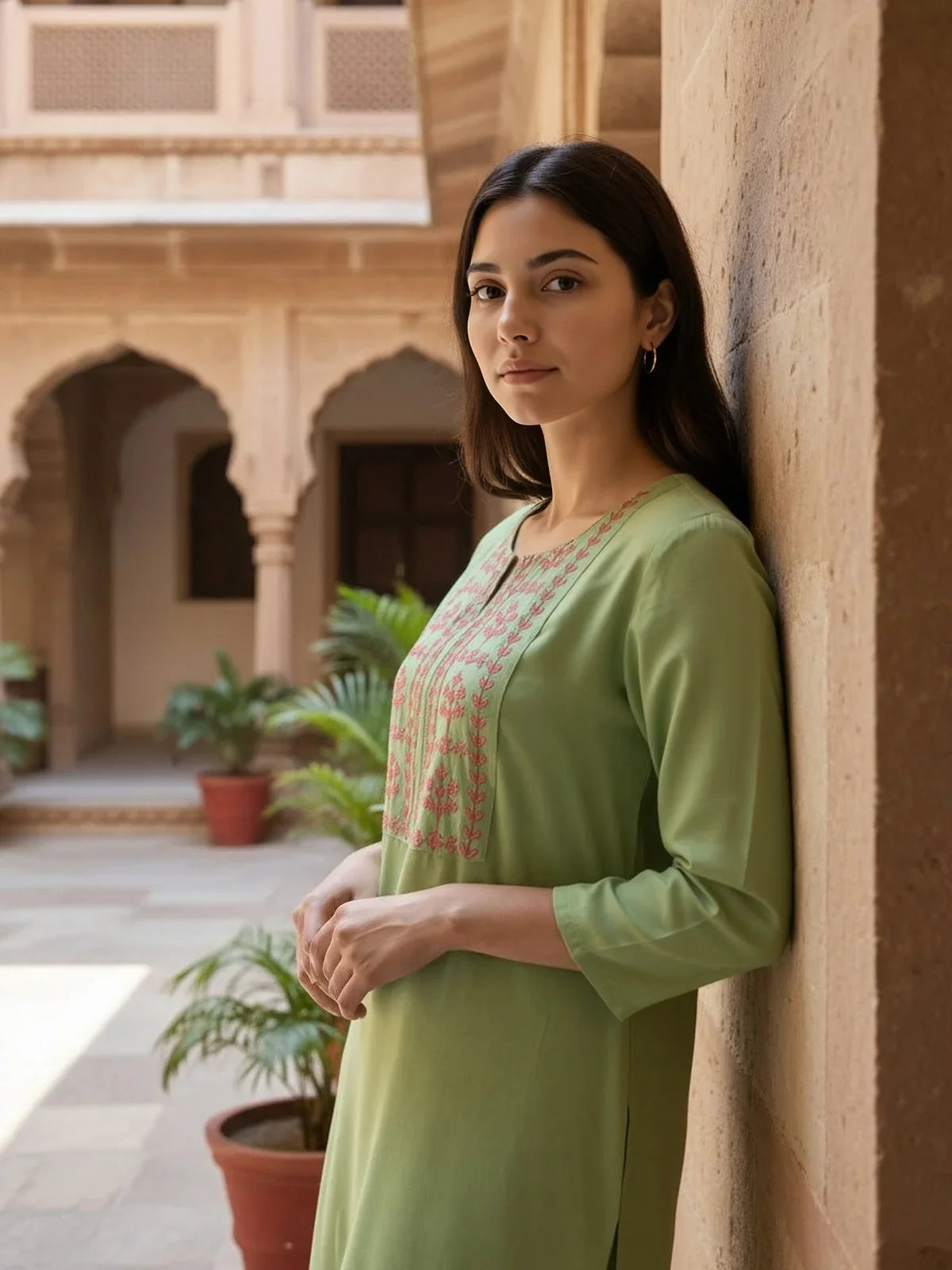 Buy Rayon Embroidered Straight Calf Length Kurta-Green