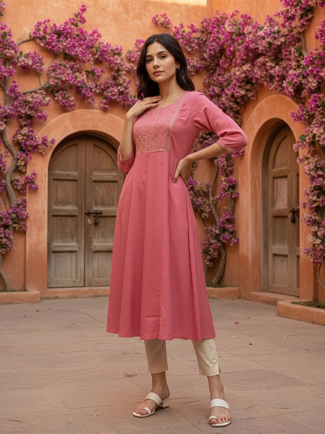 Buy Rayon Embroidered Flared Calf Length Kurta-Pink