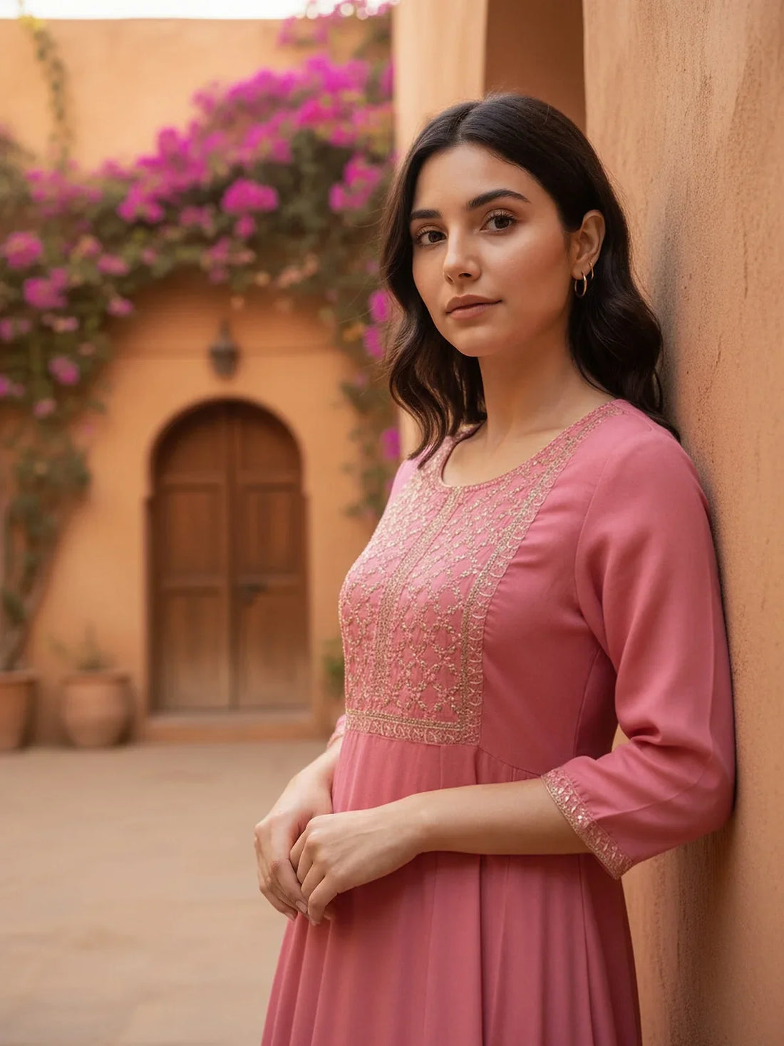 Buy Rayon Embroidered Flared Calf Length Kurta-Pink