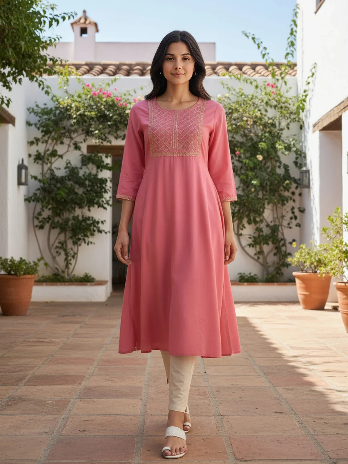 Buy Rayon Embroidered Flared Calf Length Kurta-Pink
