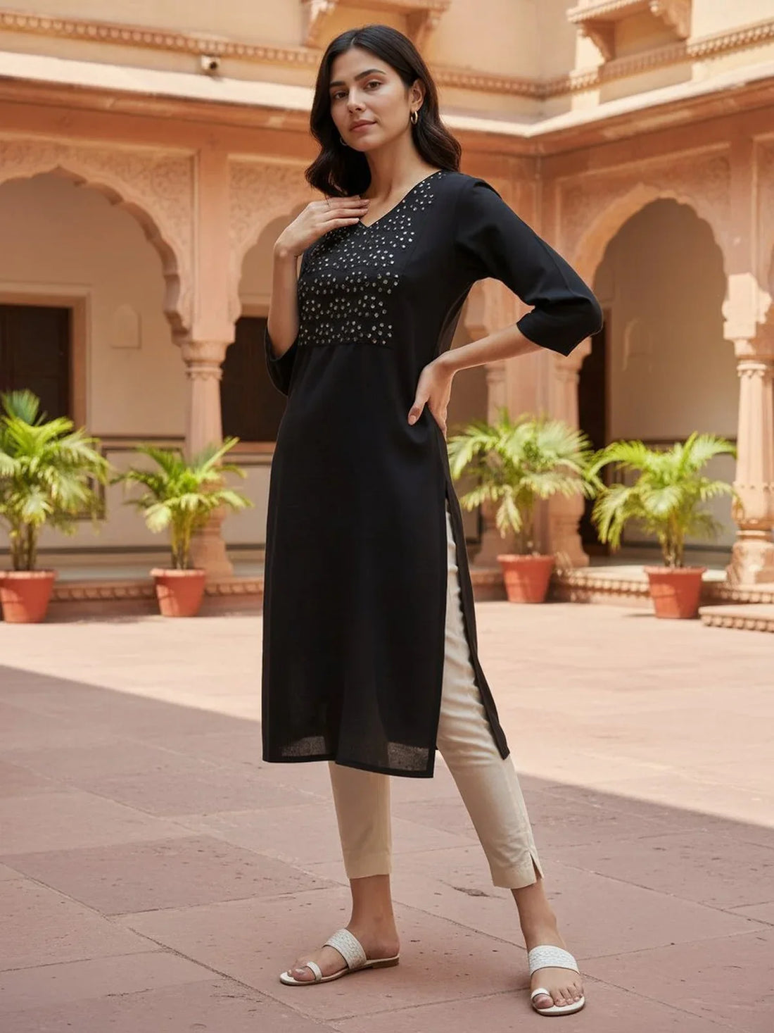 Buy Cotton Flex Embroidered Straight Calf Length Kurta-Black