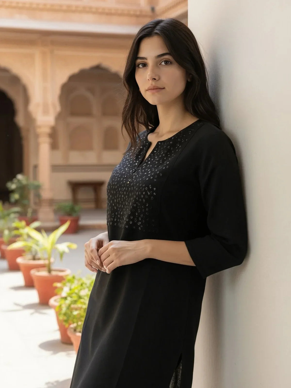 Buy Cotton Flex Embroidered Straight Calf Length Kurta-Black