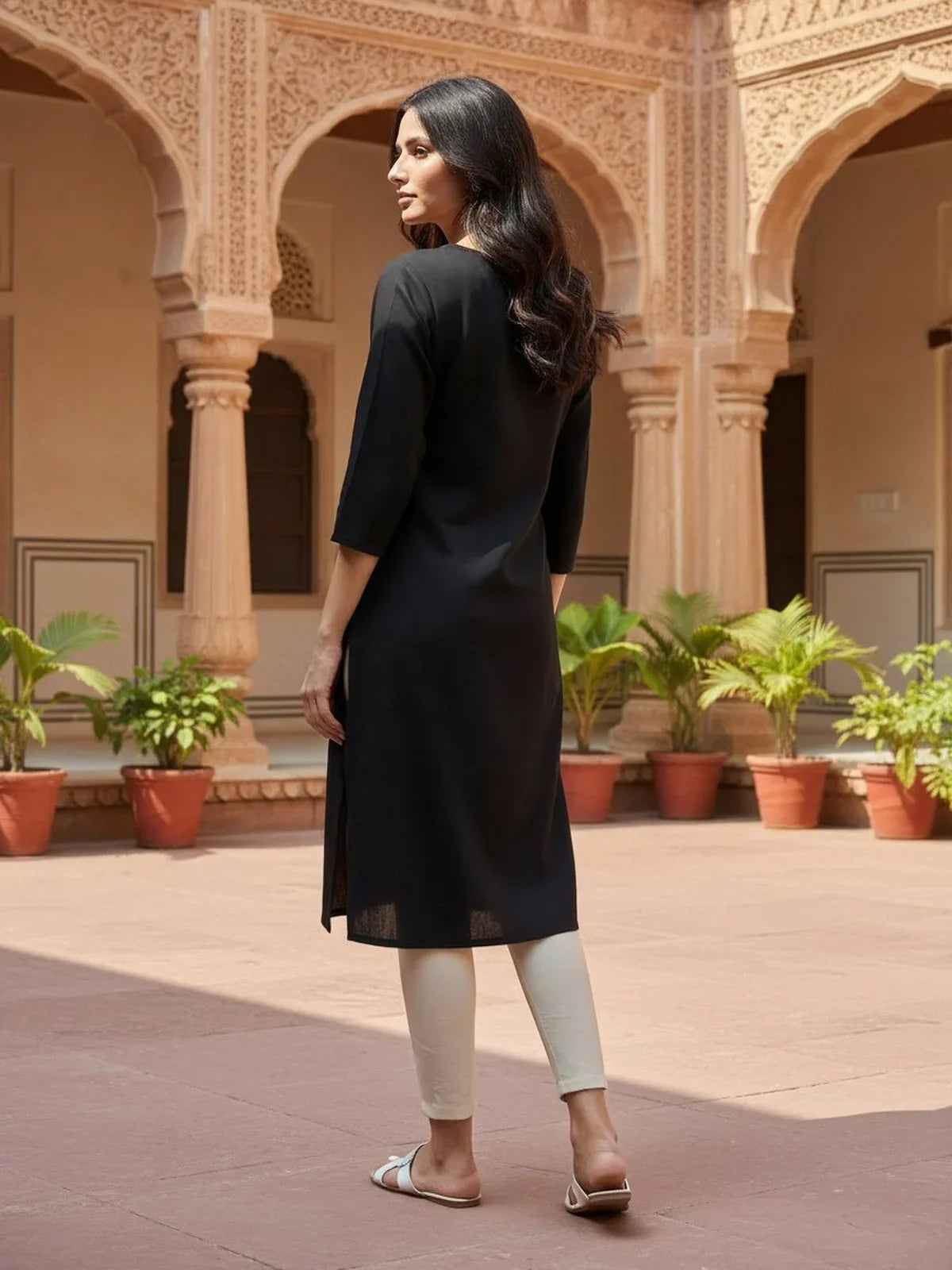 Buy Cotton Flex Embroidered Straight Calf Length Kurta-Black