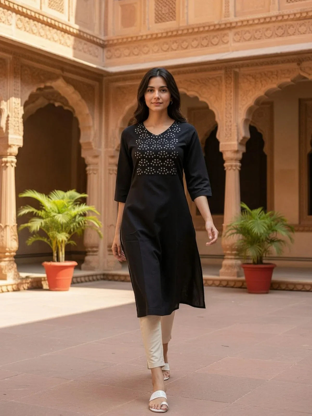 Buy Cotton Flex Embroidered Straight Calf Length Kurta-Black
