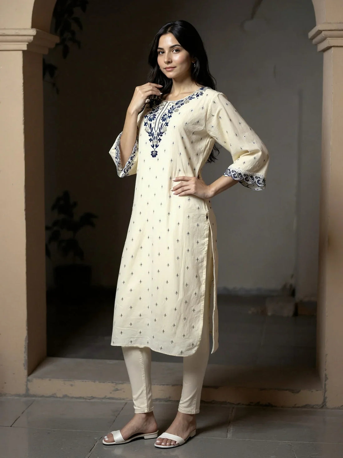 Buy COTTON Embroidered Straight Calf Length Kurta-Off White
