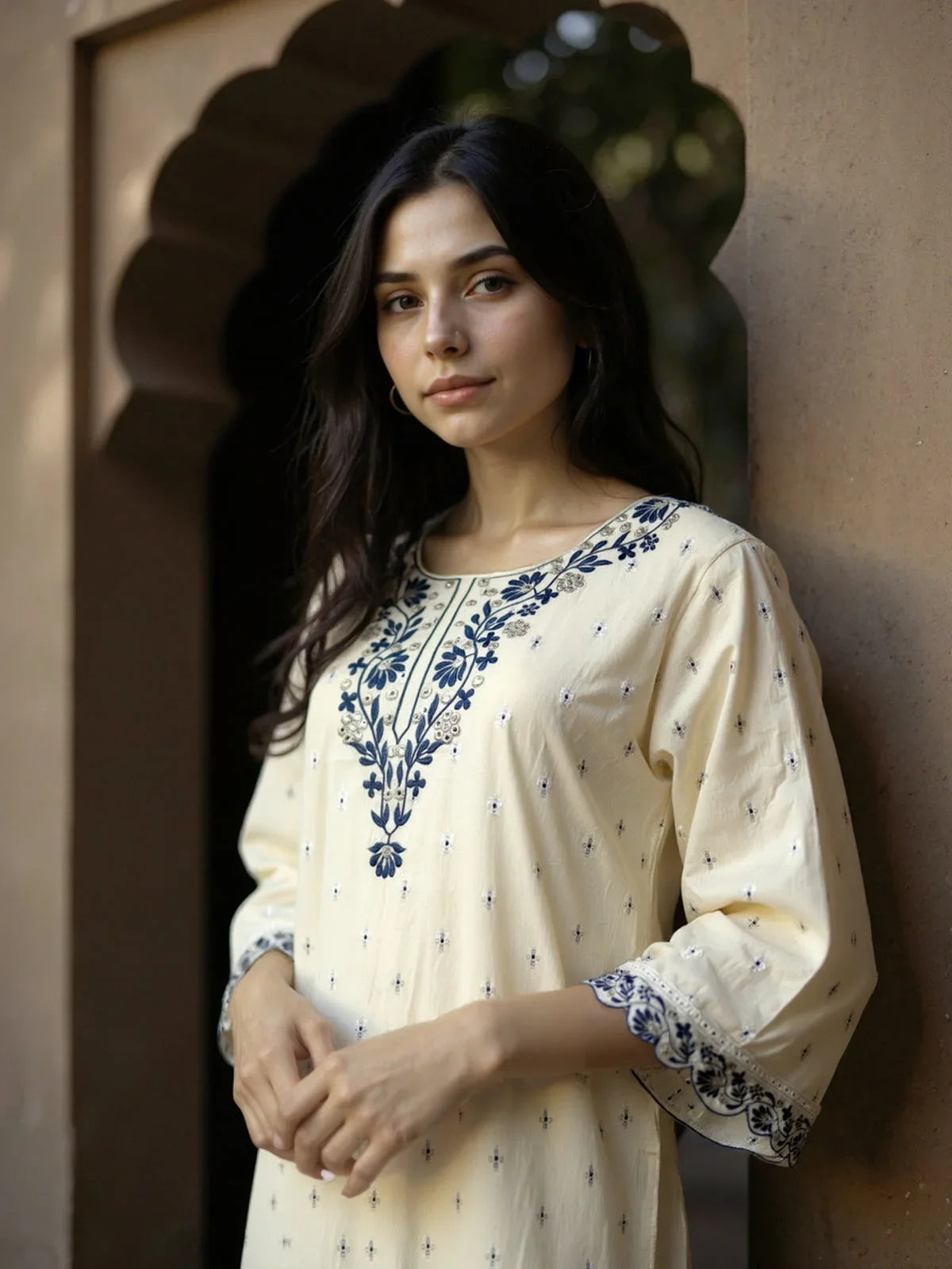 Buy COTTON Embroidered Straight Calf Length Kurta-Off White