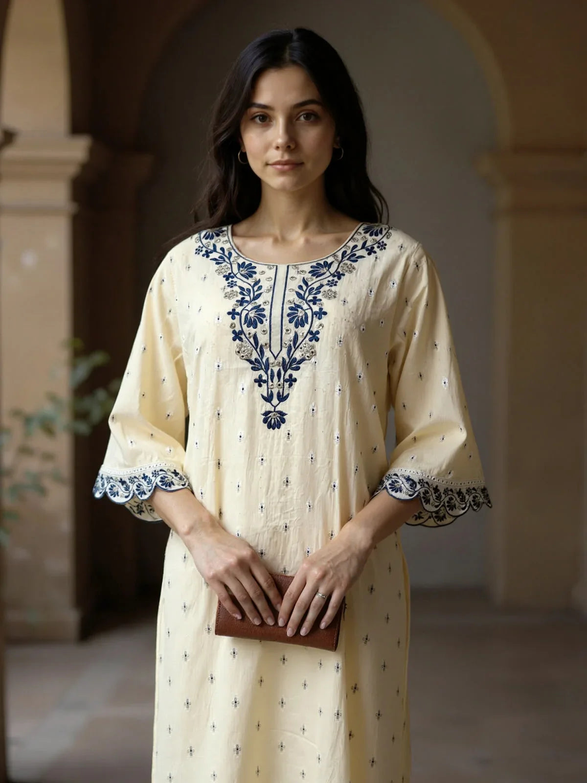 Buy COTTON Embroidered Straight Calf Length Kurta-Off White