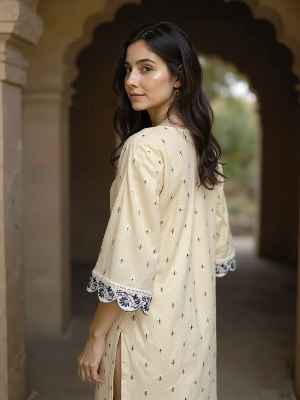 Buy COTTON Embroidered Straight Calf Length Kurta-Off White