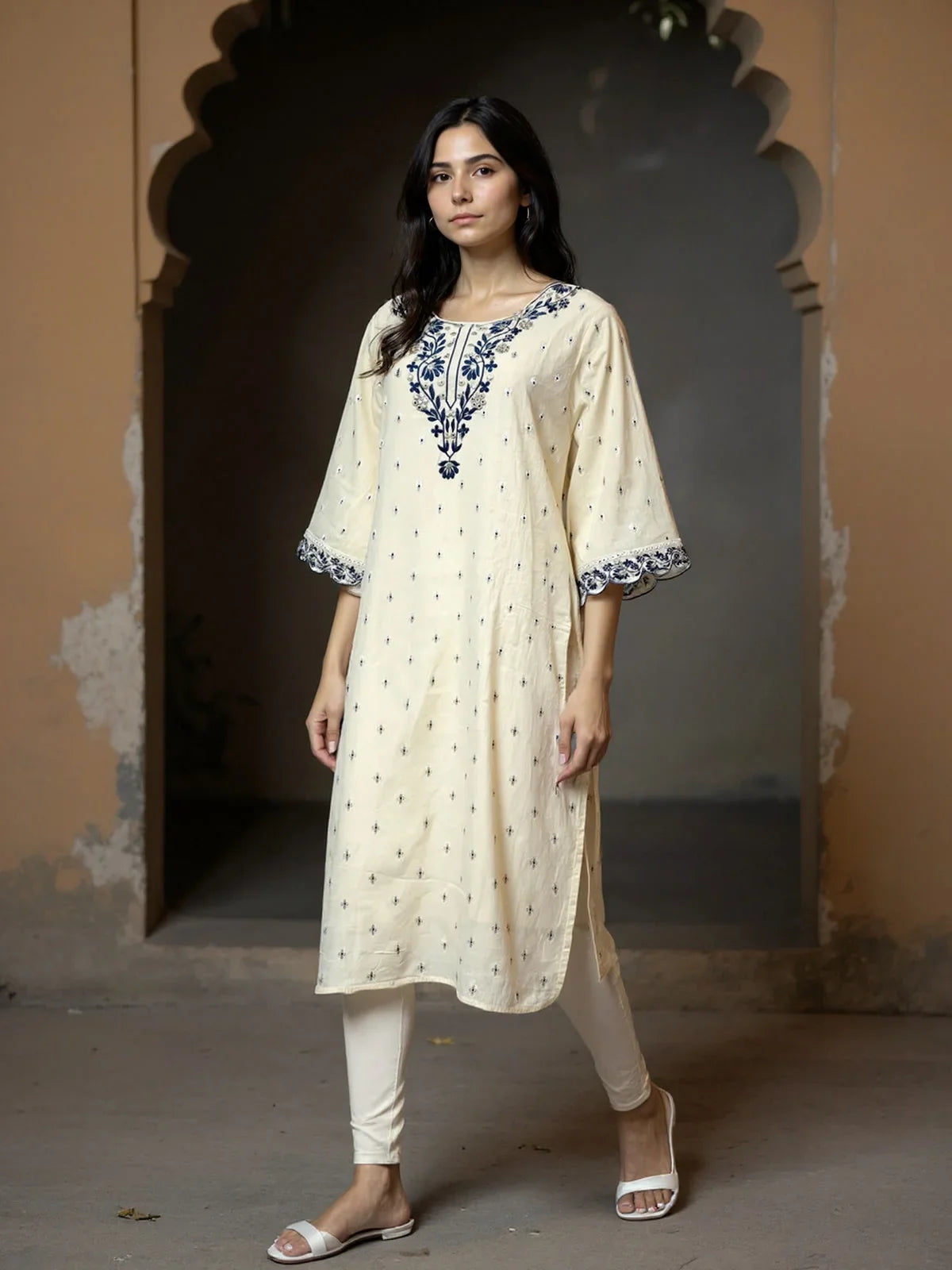 Buy COTTON Embroidered Straight Calf Length Kurta-Off White
