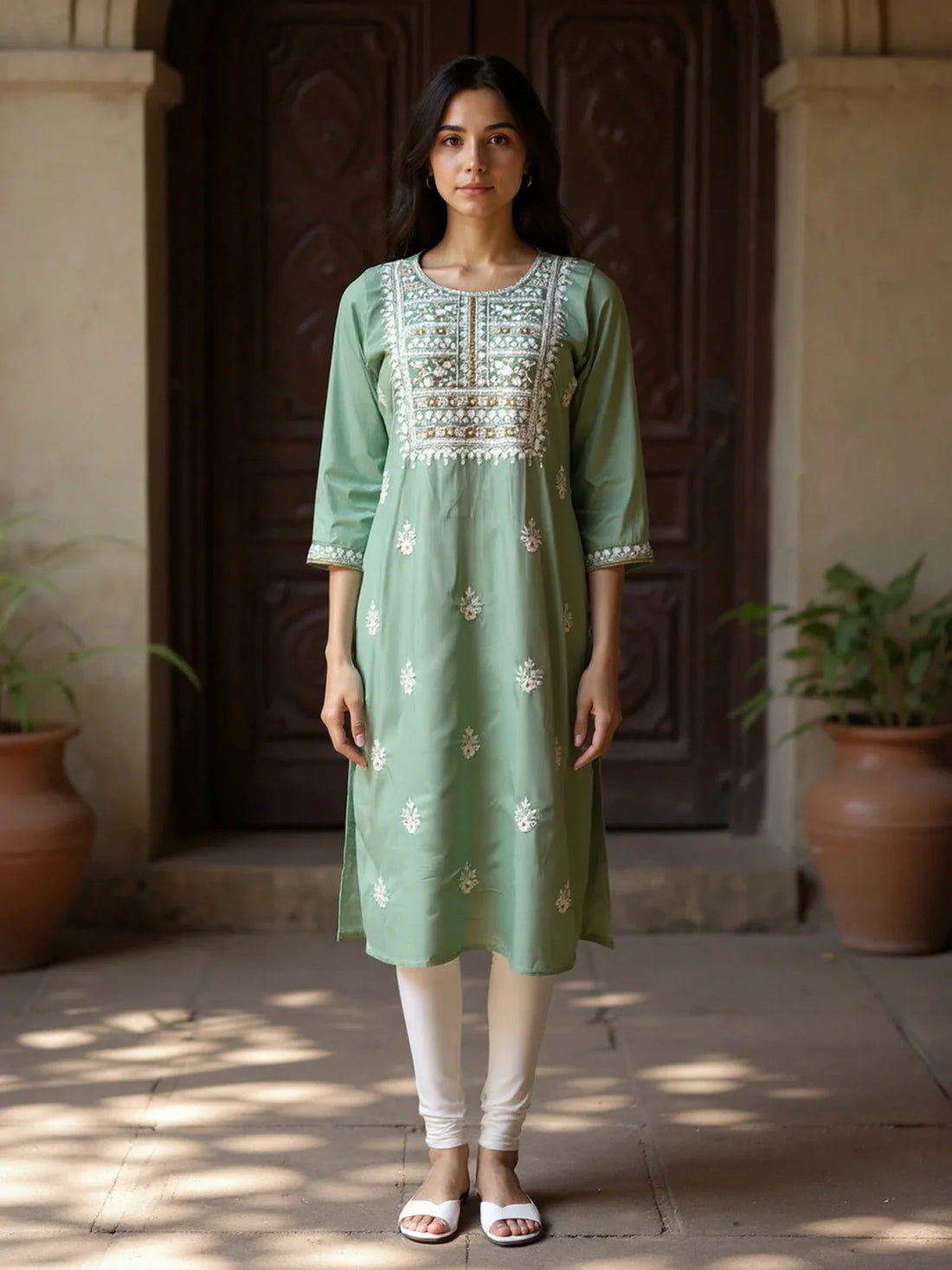 Buy Rayon Embroidered Straight Calf Length Kurta-Green