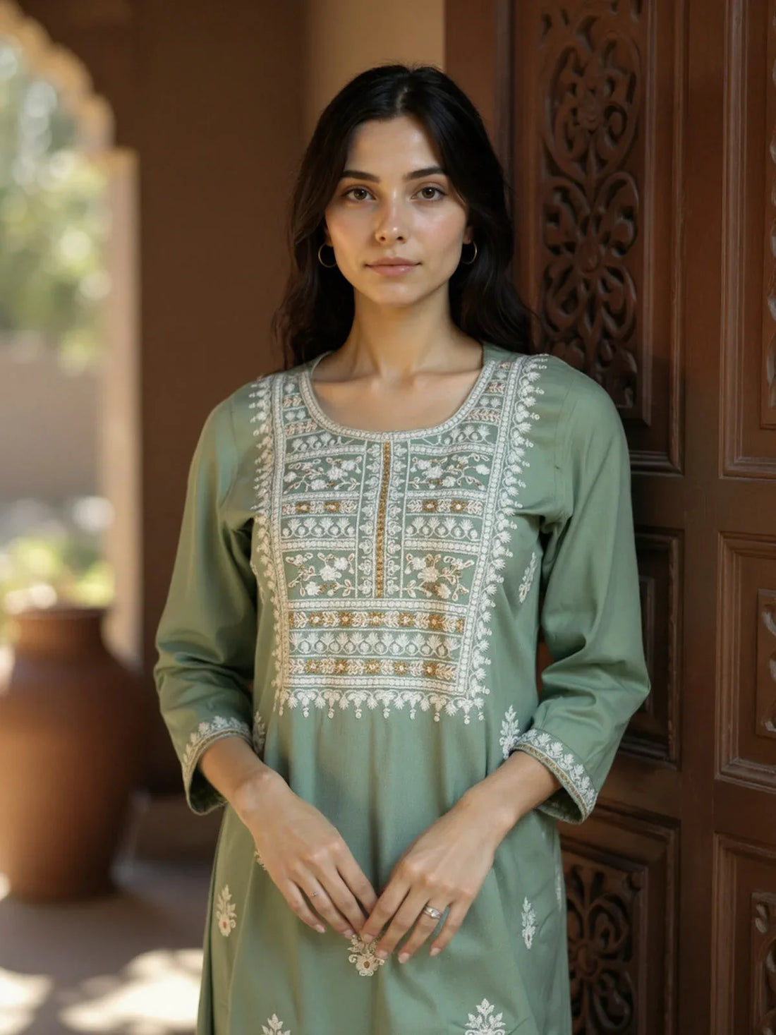 Buy Rayon Embroidered Straight Calf Length Kurta-Green
