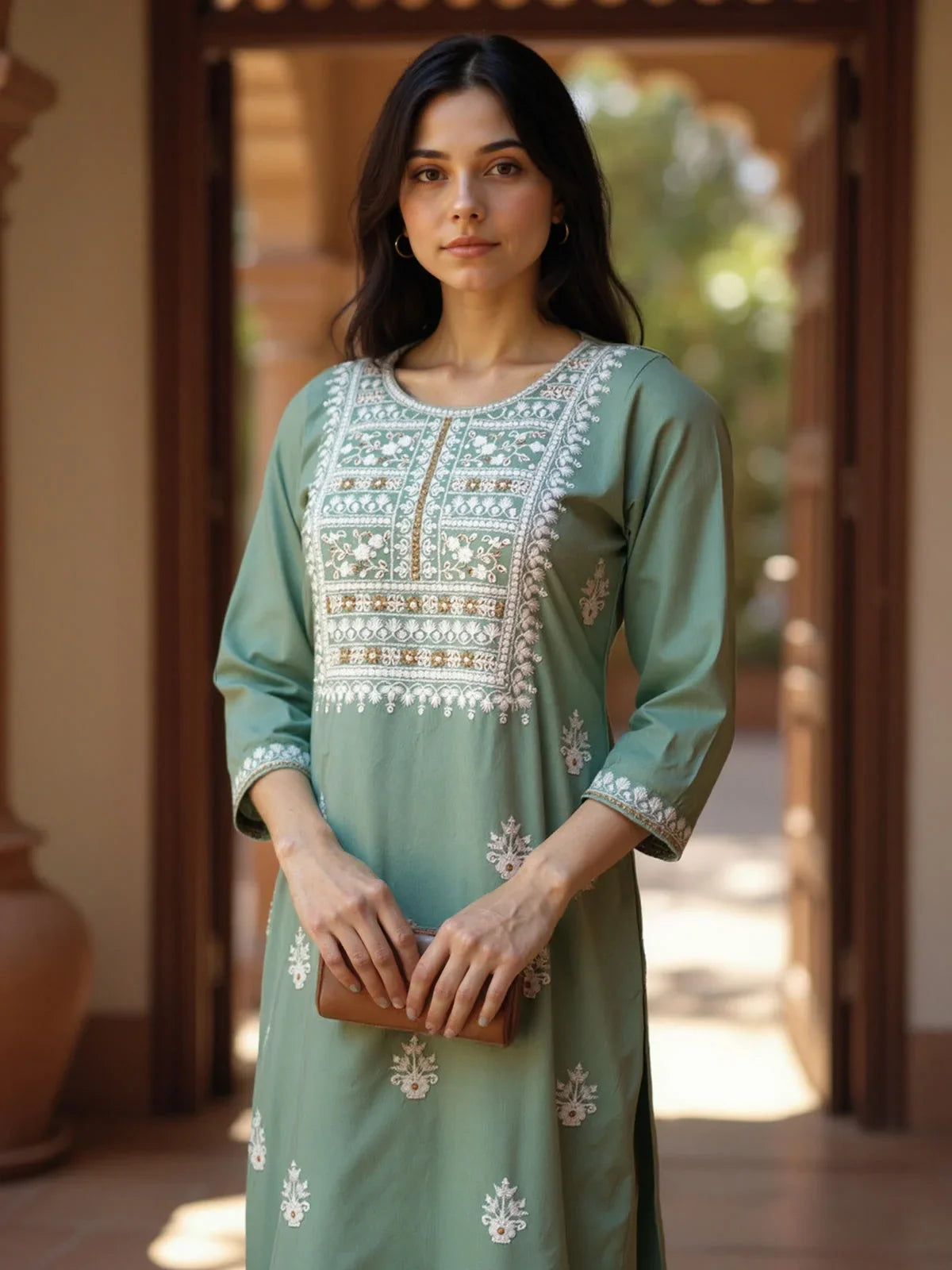 Buy Rayon Embroidered Straight Calf Length Kurta-Green