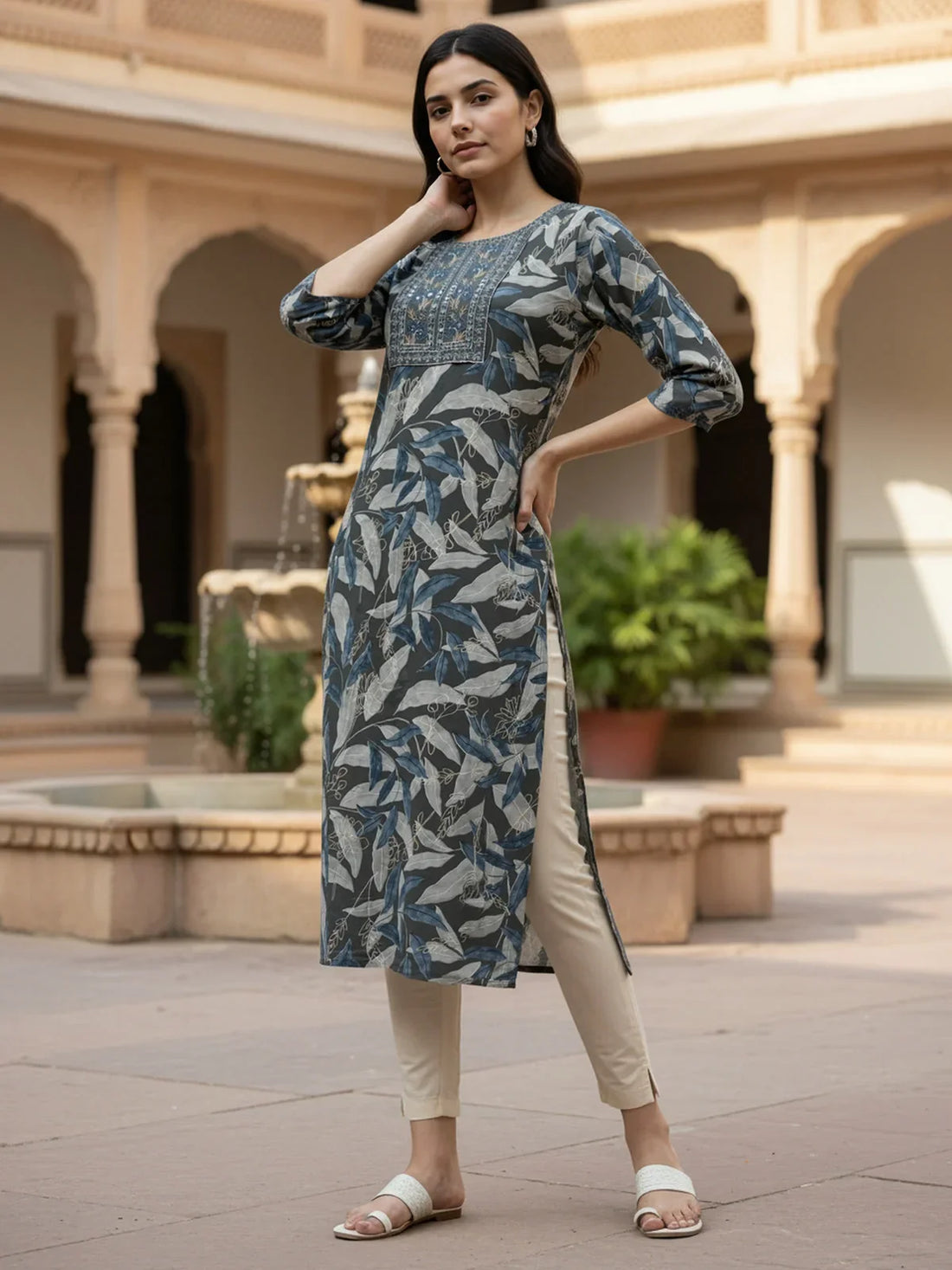 Buy Rayon Embroidered Straight Calf Length Kurta-Grey