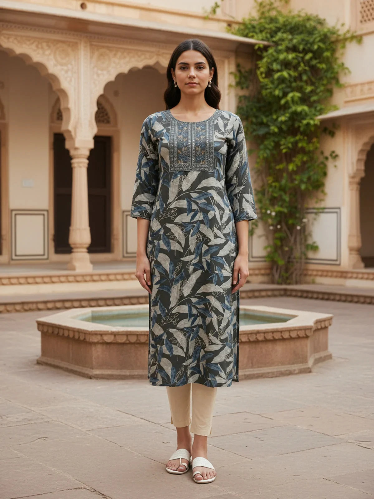 Buy Rayon Embroidered Straight Calf Length Kurta-Grey