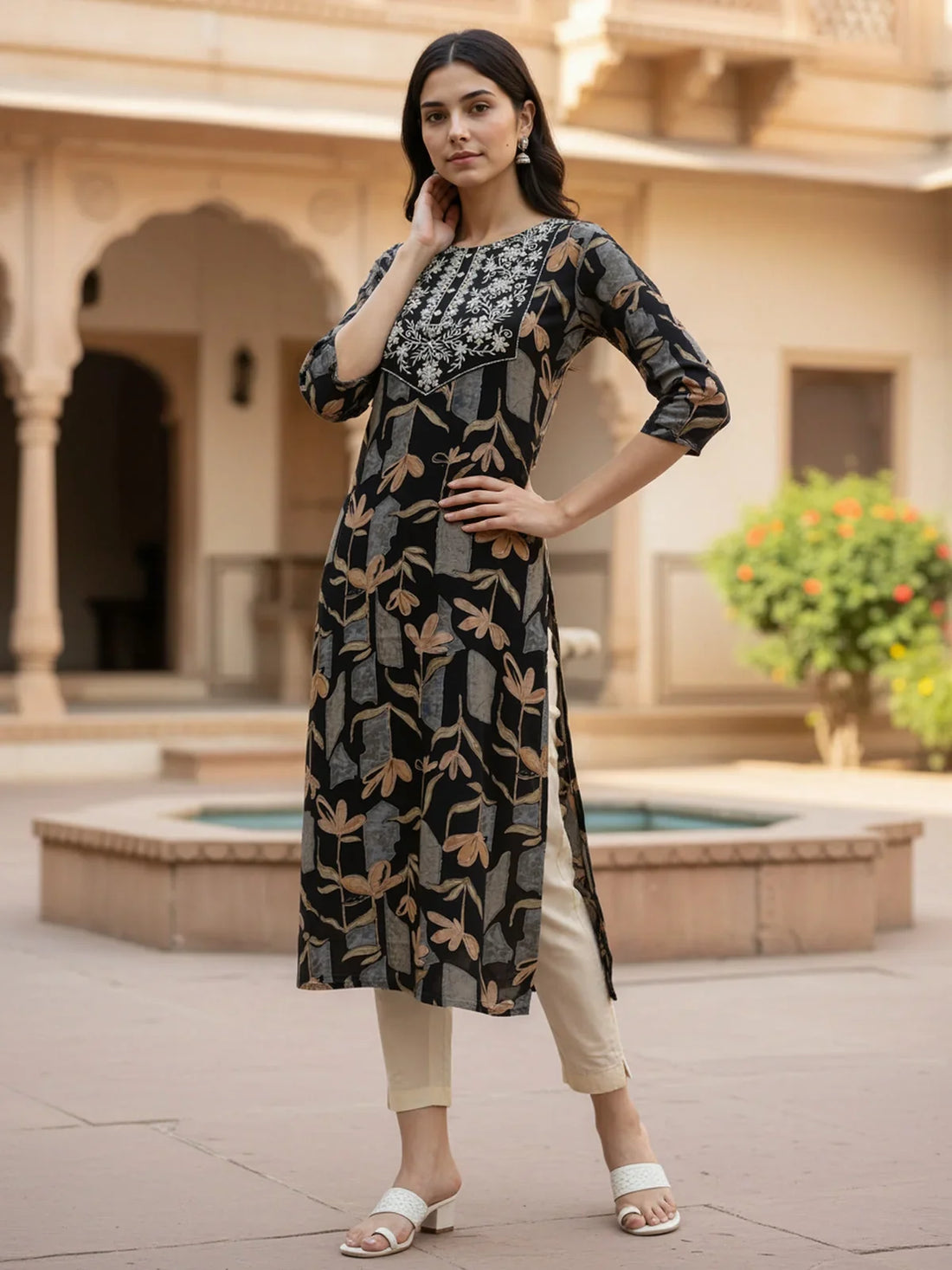 Buy Rayon Embroidered Straight Calf Length Kurta-Black