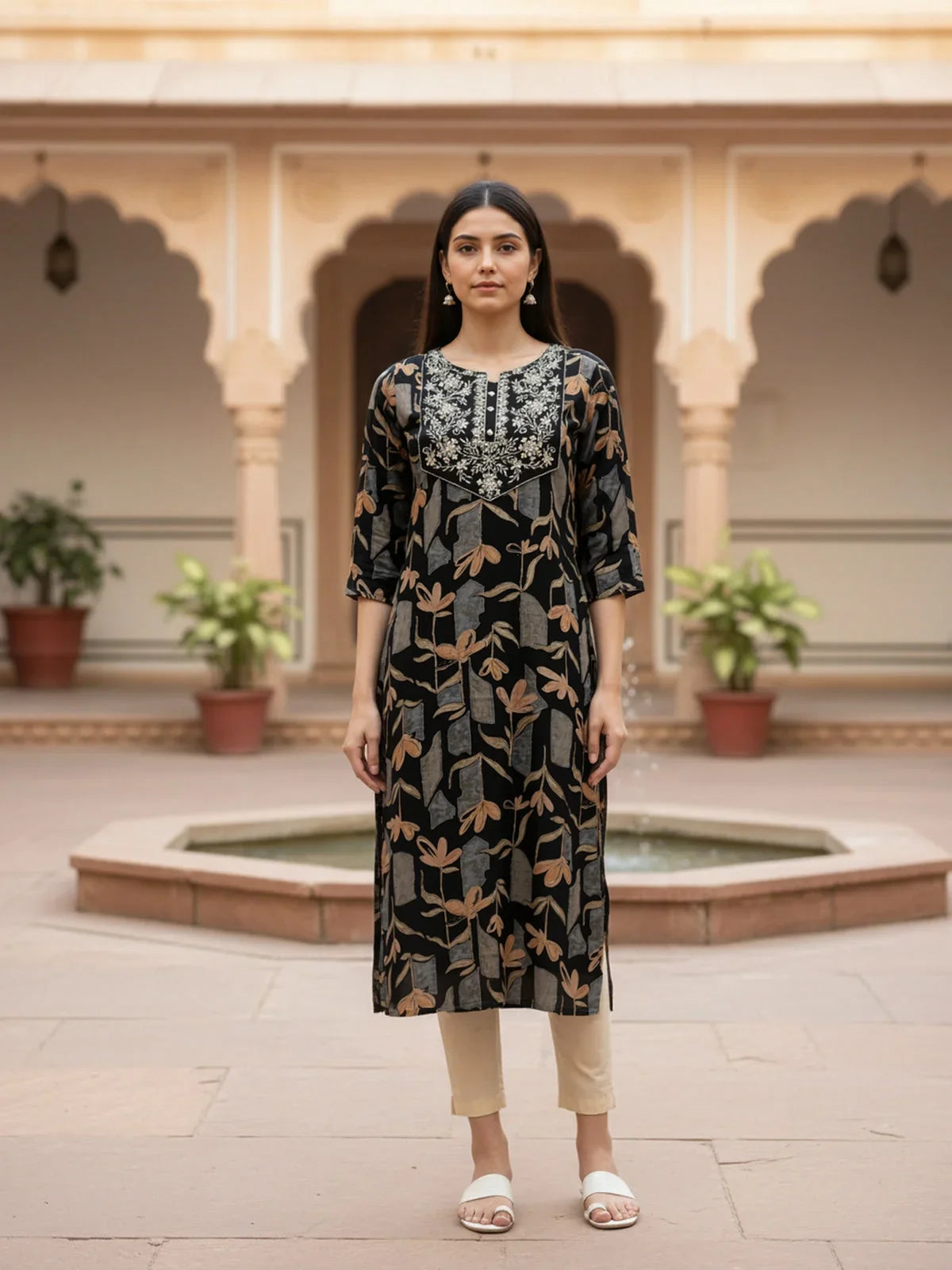 Buy Rayon Embroidered Straight Calf Length Kurta-Black