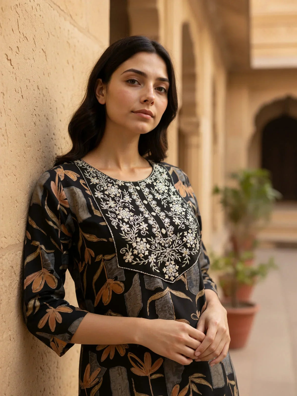 Buy Rayon Embroidered Straight Calf Length Kurta-Black