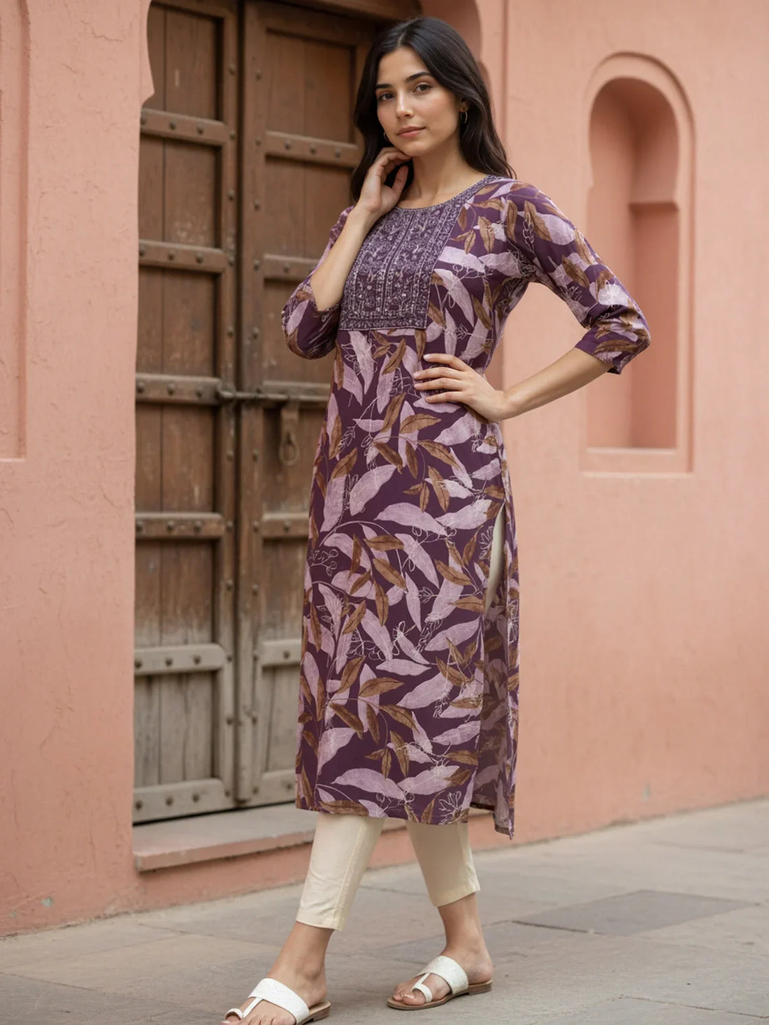 Buy Rayon Embroidered Straight Calf Length Kurta-Purple