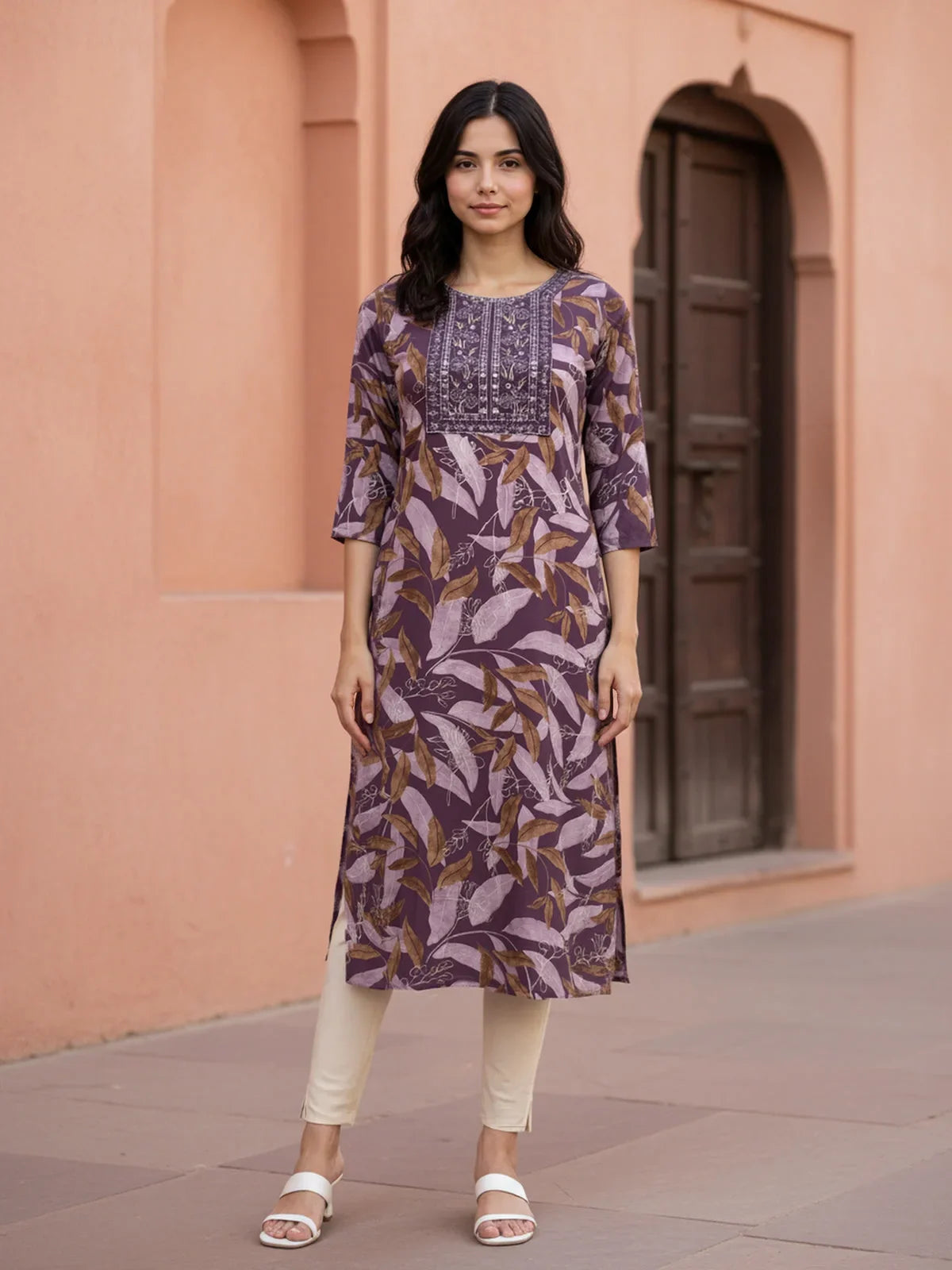 Buy Rayon Embroidered Straight Calf Length Kurta-Purple