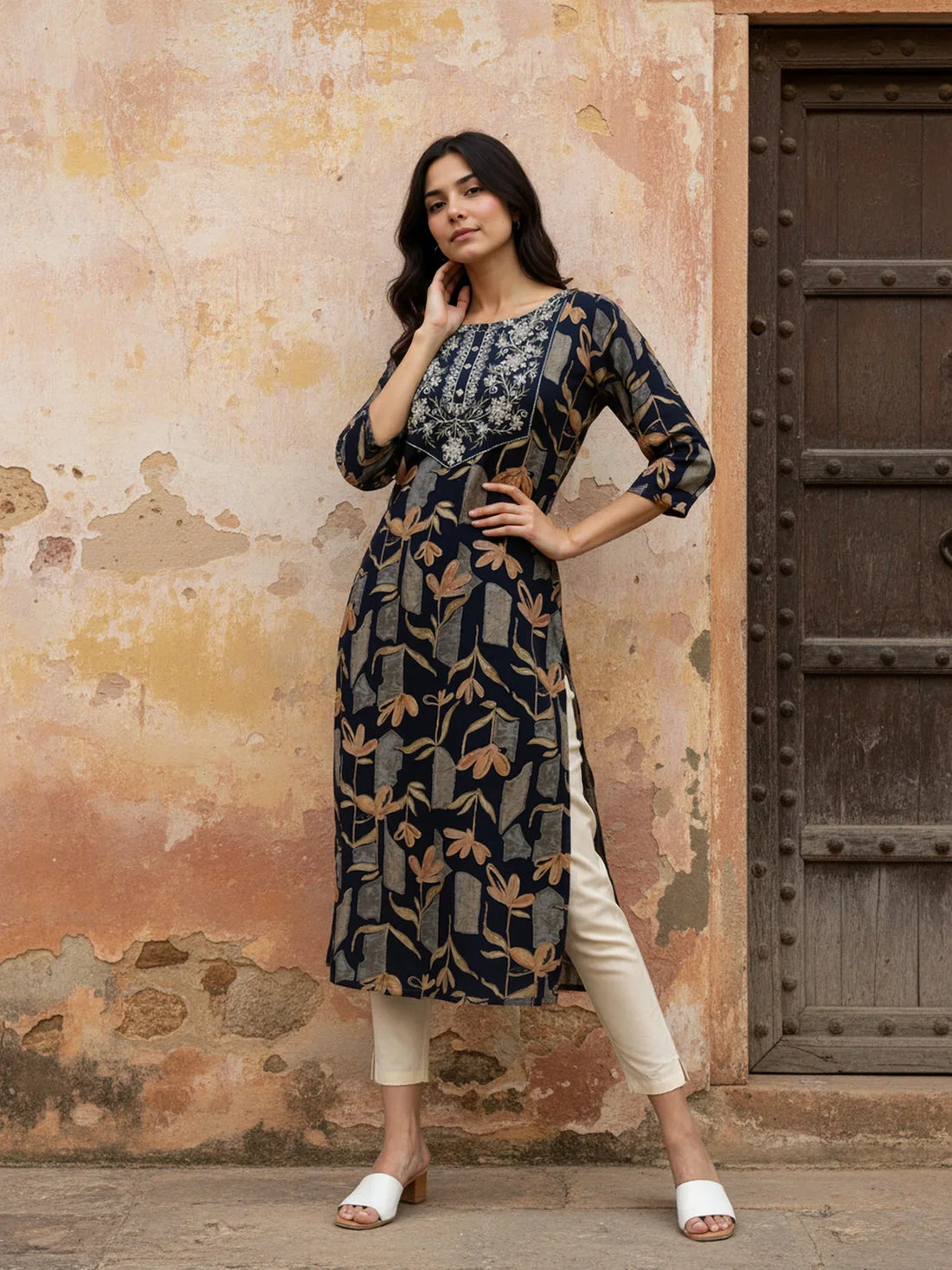 Buy Rayon Embroidered Straight Calf Length Kurta-Blue
