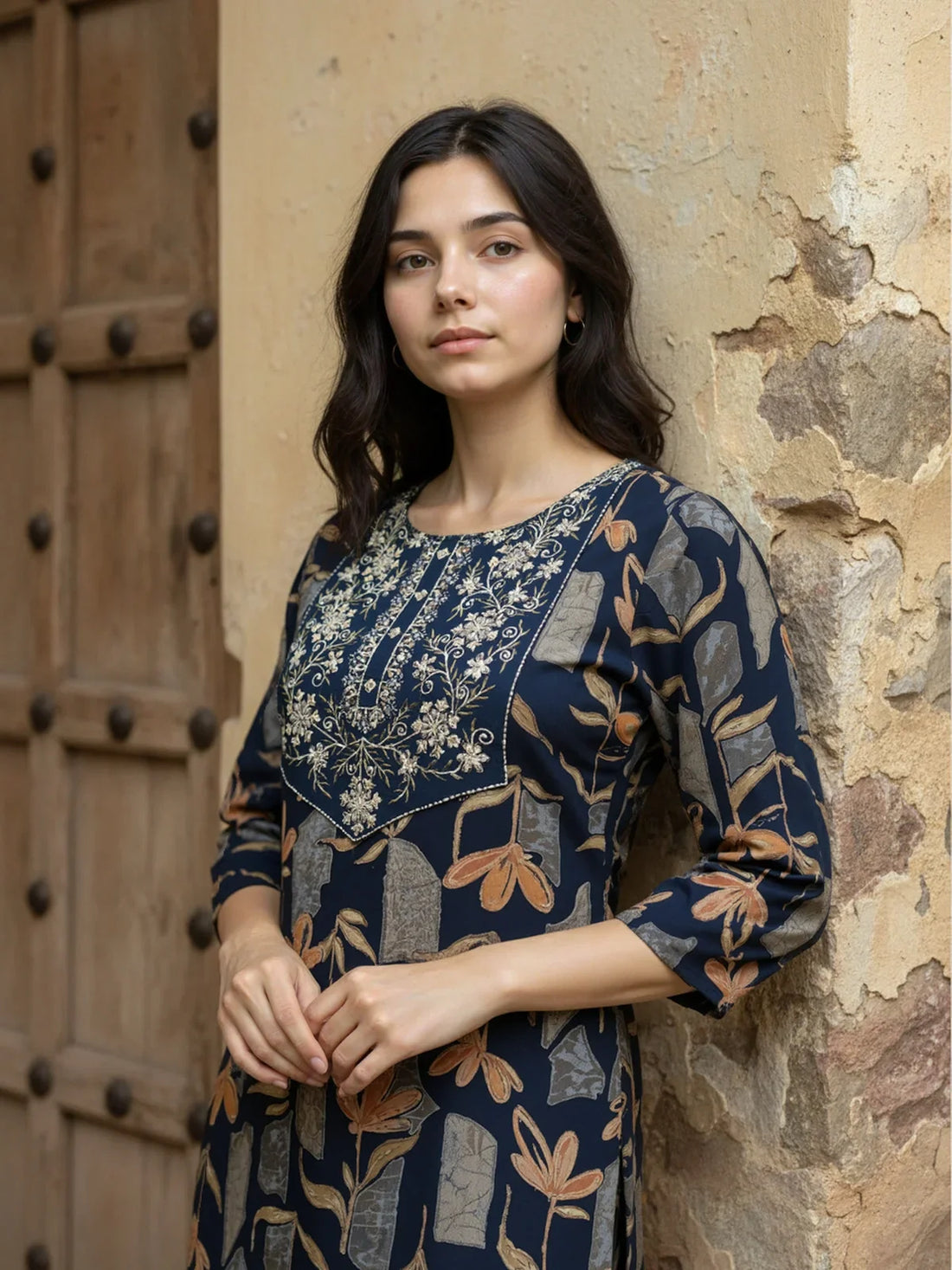Buy Rayon Embroidered Straight Calf Length Kurta-Blue