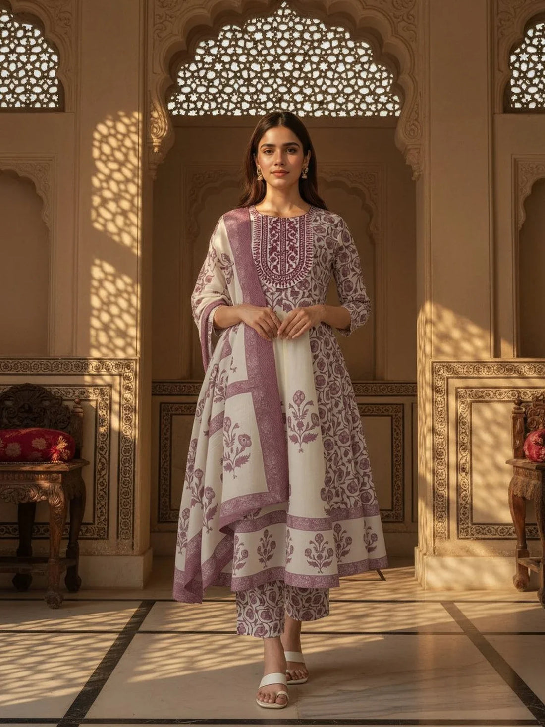 Buy Cotton Embroidered Anarkali Calf Length Kurta and Pant with Dupatta-Off White