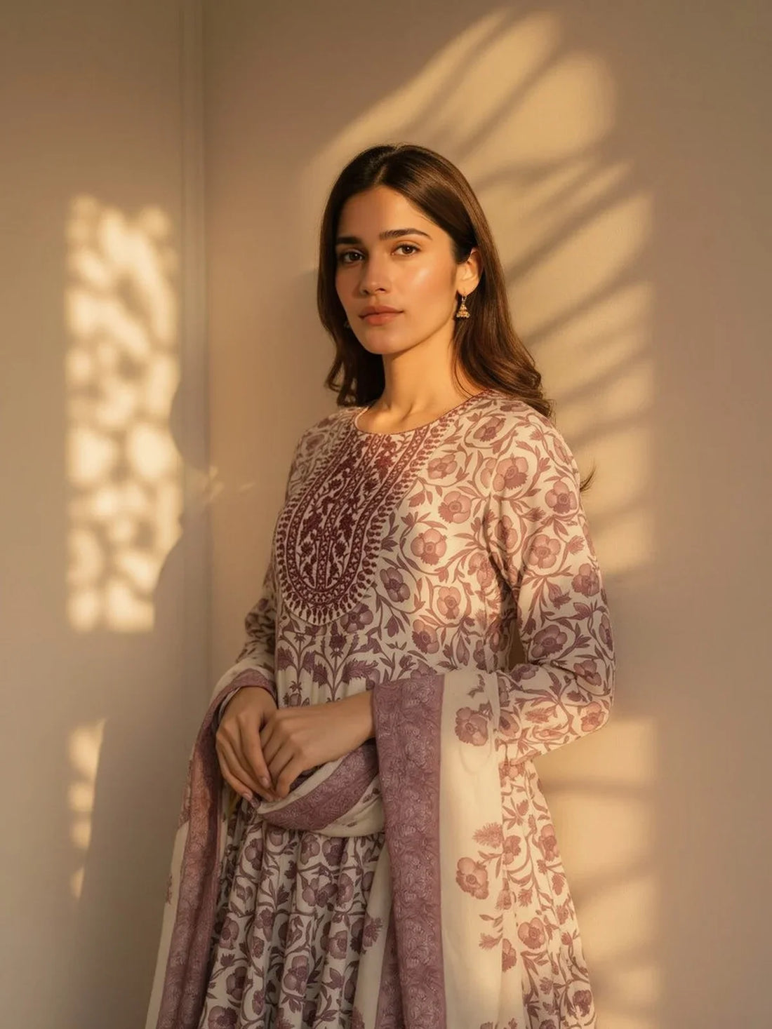 Buy Cotton Embroidered Anarkali Calf Length Kurta and Pant with Dupatta-Off White