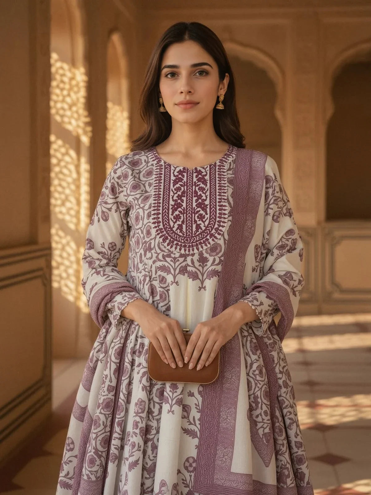 Buy Cotton Embroidered Anarkali Calf Length Kurta and Pant with Dupatta-Off White