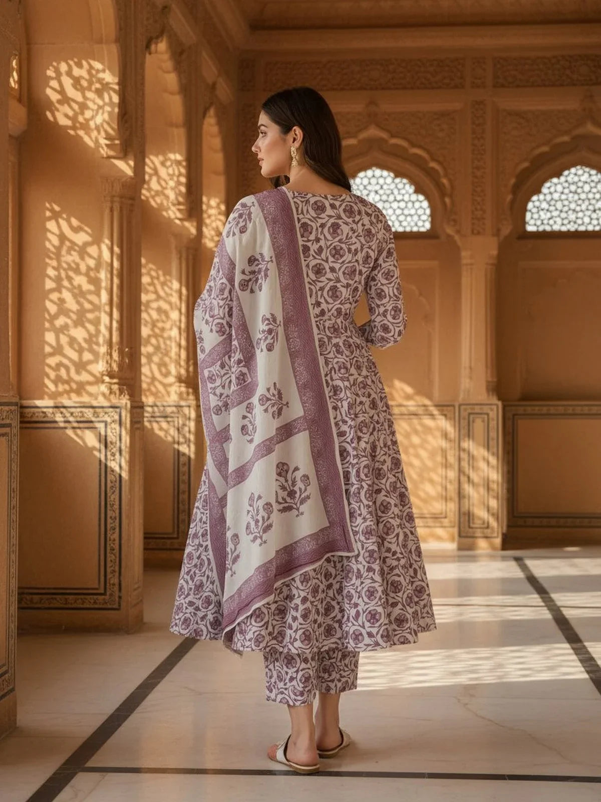 Buy Cotton Embroidered Anarkali Calf Length Kurta and Pant with Dupatta-Off White