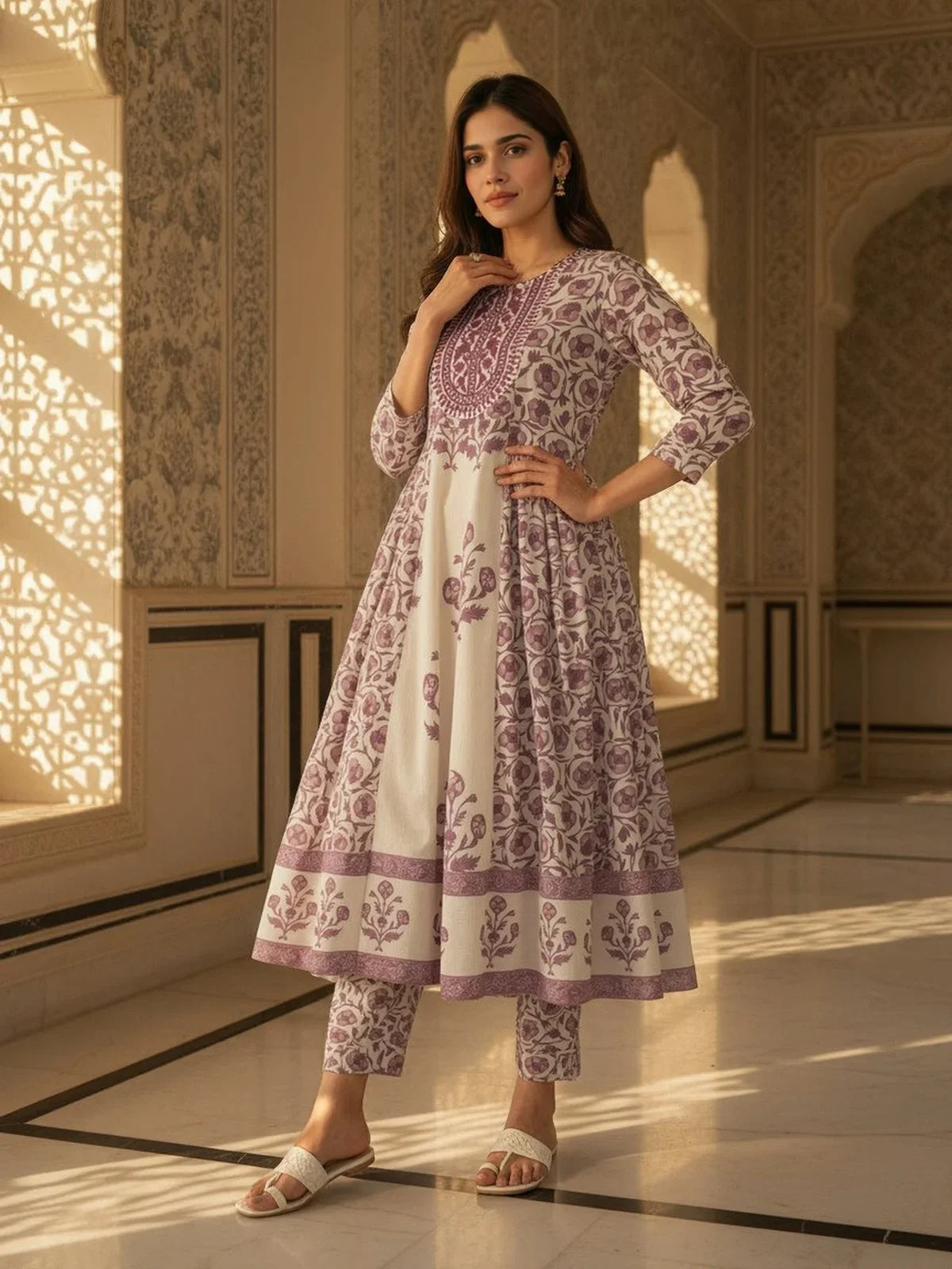 Buy Cotton Embroidered Anarkali Calf Length Kurta and Pant with Dupatta-Off White