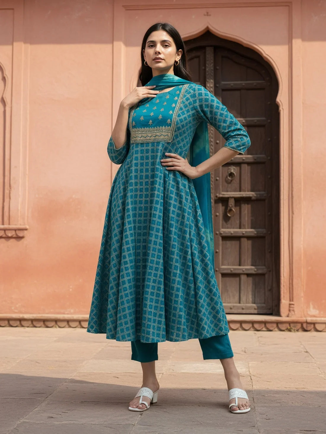 Buy Rayon Embroidered Anarkali Calf Length Kurta with Pant and Dupatta-Teal