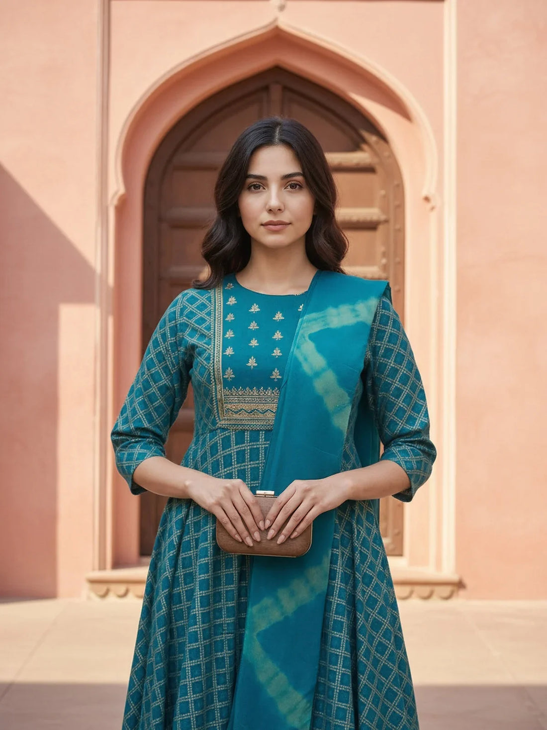 Buy Rayon Embroidered Anarkali Calf Length Kurta with Pant and Dupatta-Teal