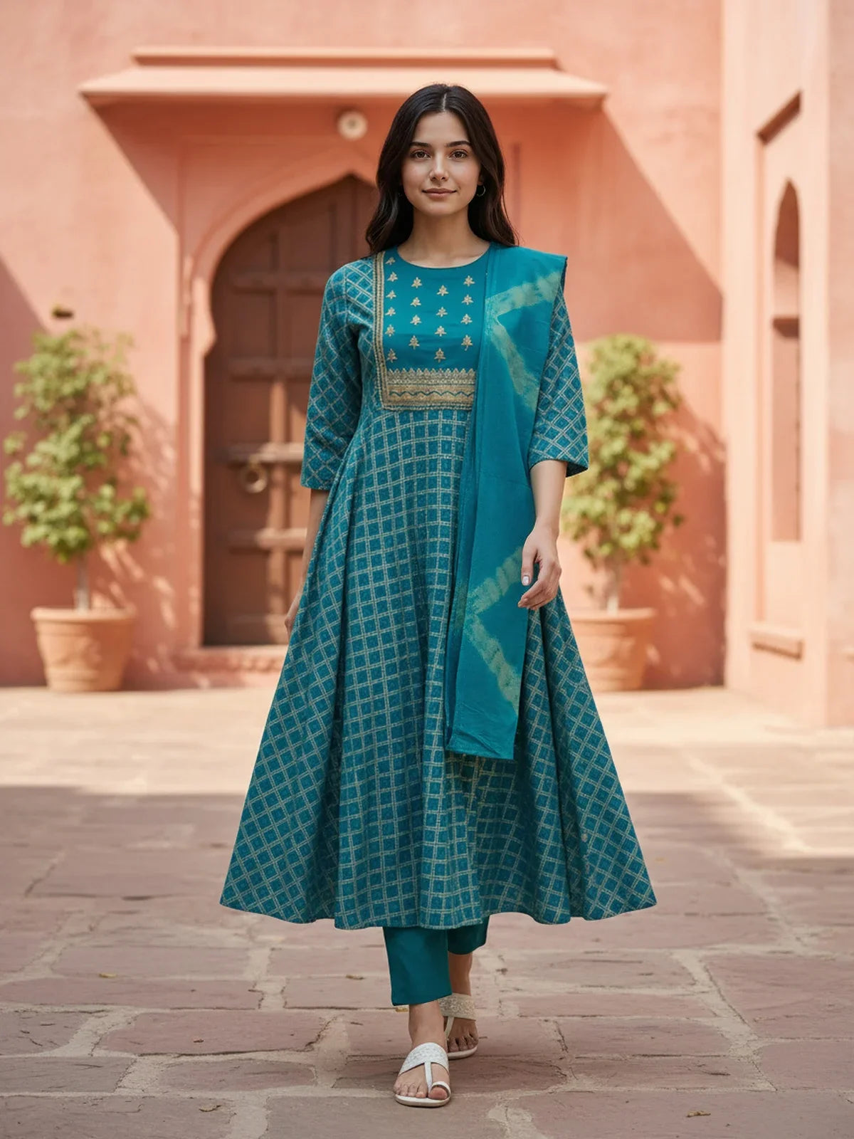 Buy Rayon Embroidered Anarkali Calf Length Kurta with Pant and Dupatta-Teal